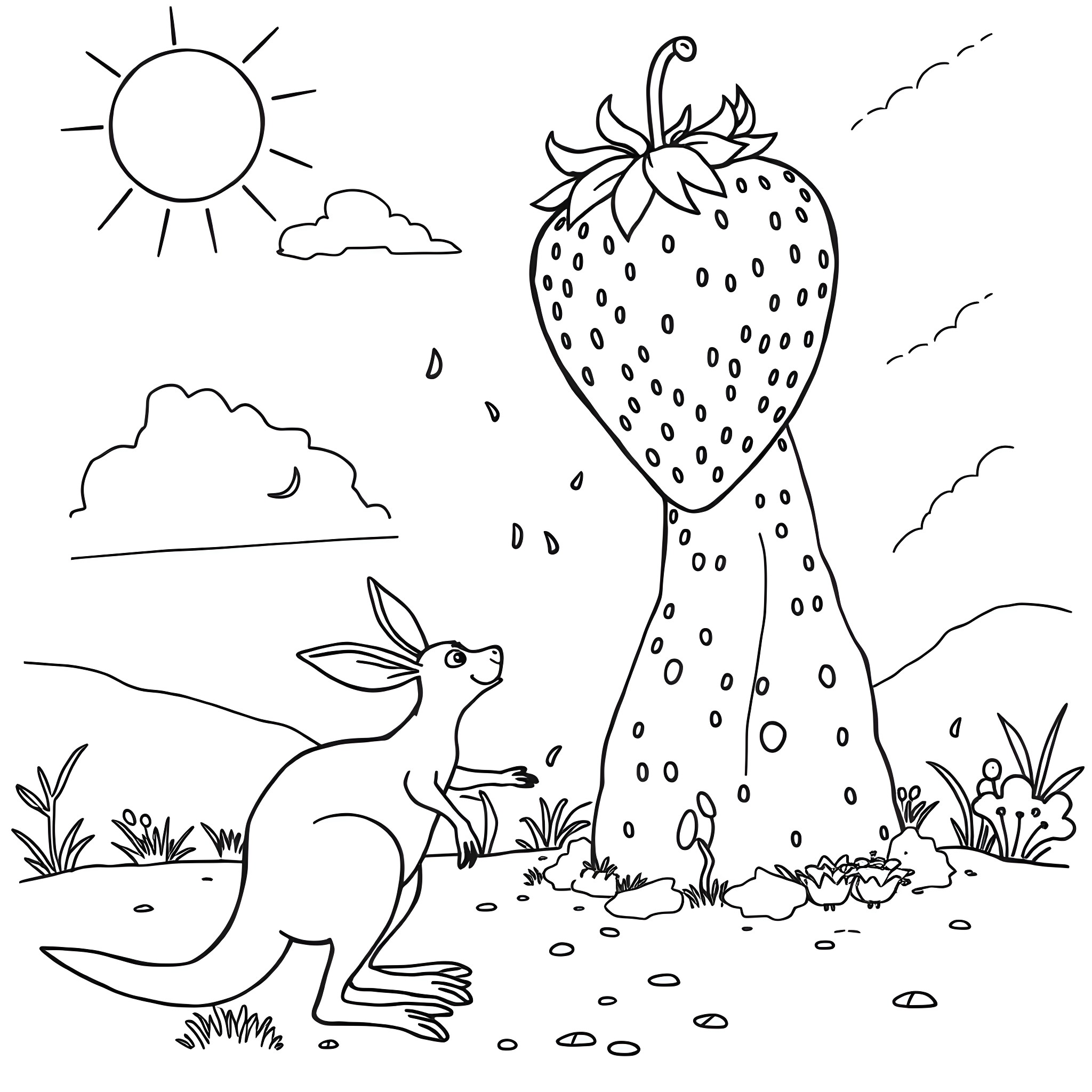 Strawberry Shortcake: Bunny and Giant Strawberry in Sunny Meadow Coloring Page (free black-and-white line drawing printable PDF for all, from beginners to advanced learners, including children, teens, adults, and seniors)