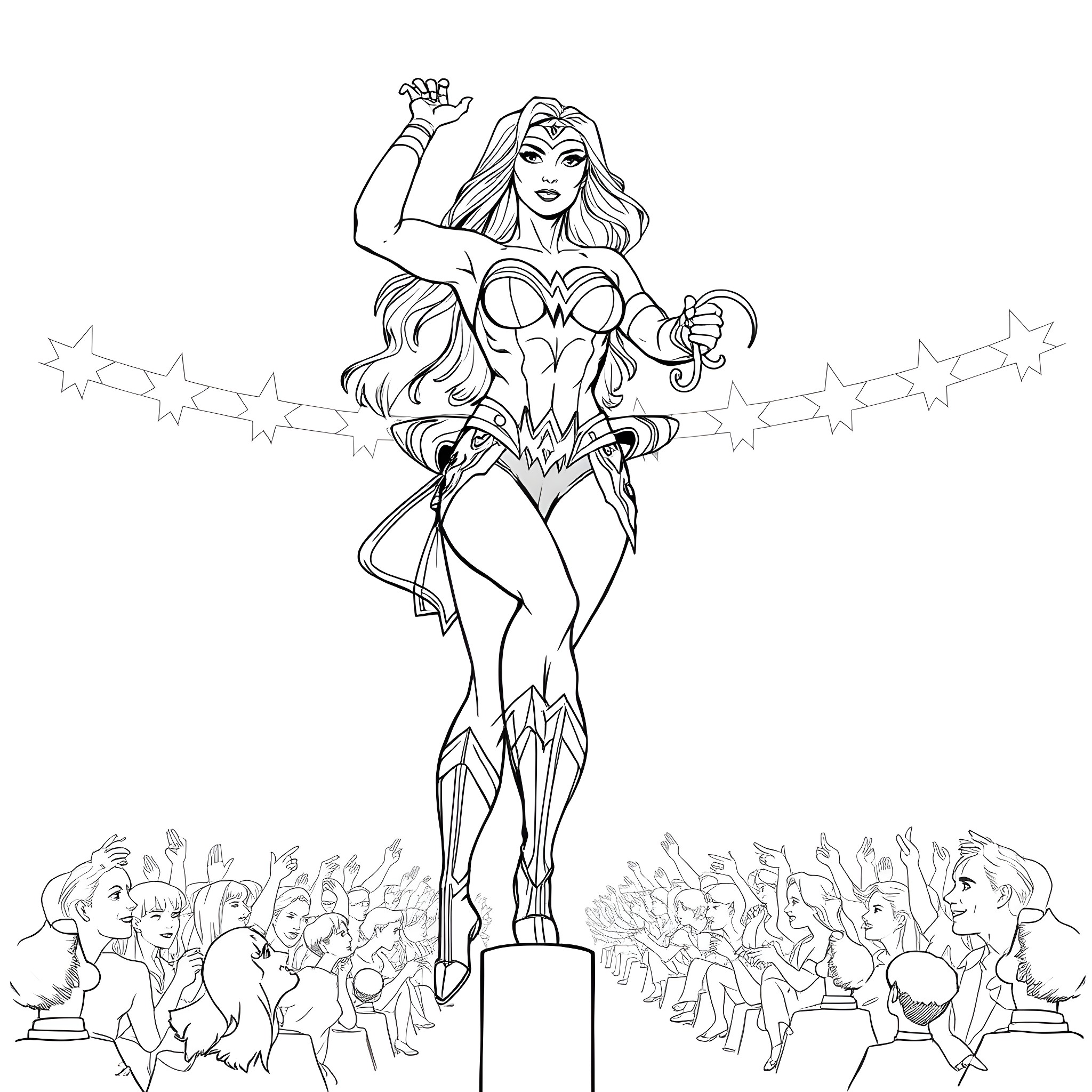 Wonder Woman in heroic pose with adoring crowd Coloring Page (free black-and-white line drawing printable PDF for all, from beginners to advanced learners, including children, teens, adults, and seniors)
