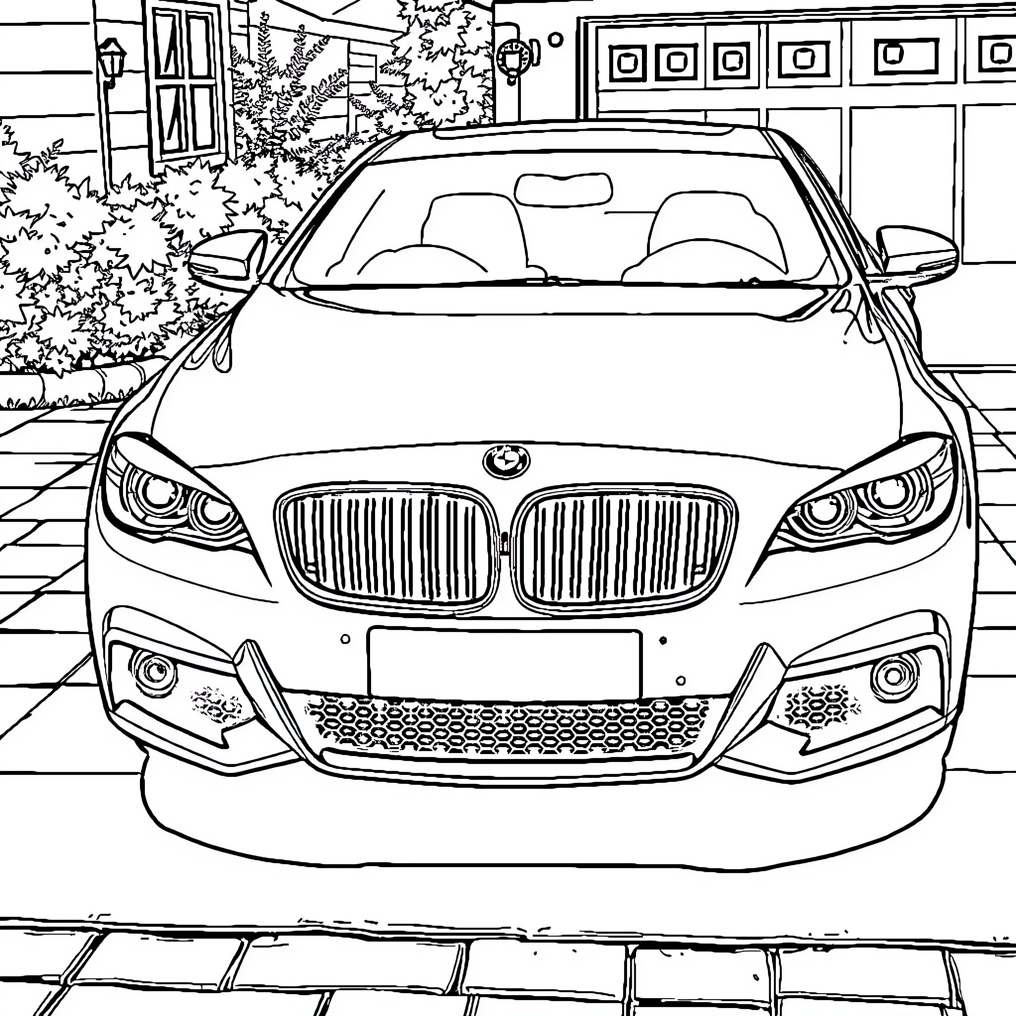 Car in front of building with landscape Coloring Page (free black-and-white line drawing printable PDF for all, from beginners to advanced learners, including children, teens, adults, and seniors)