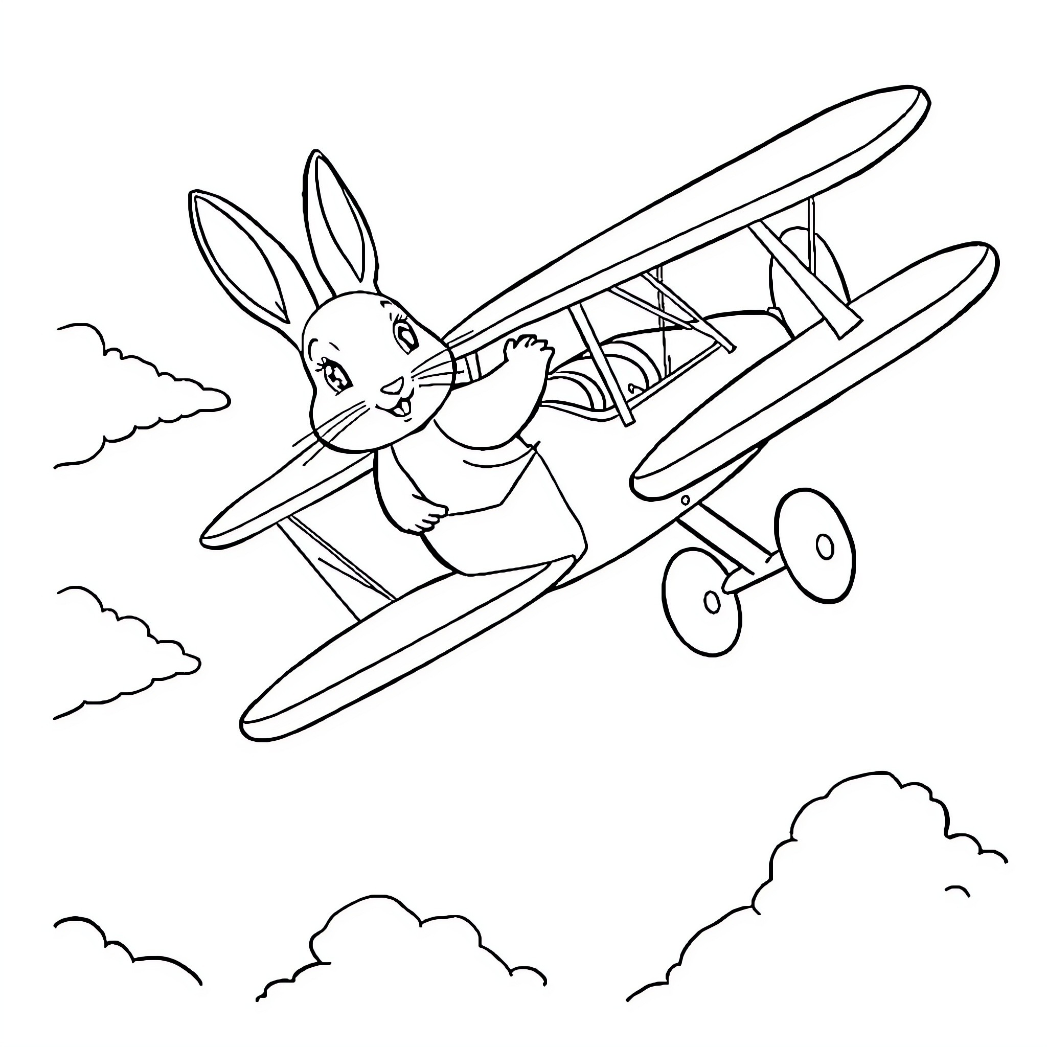 Peter Rabbit Flies in a Biplane Over the Clouds Coloring Page (free black-and-white line drawing printable PDF for all, from beginners to advanced learners, including children, teens, adults, and seniors)