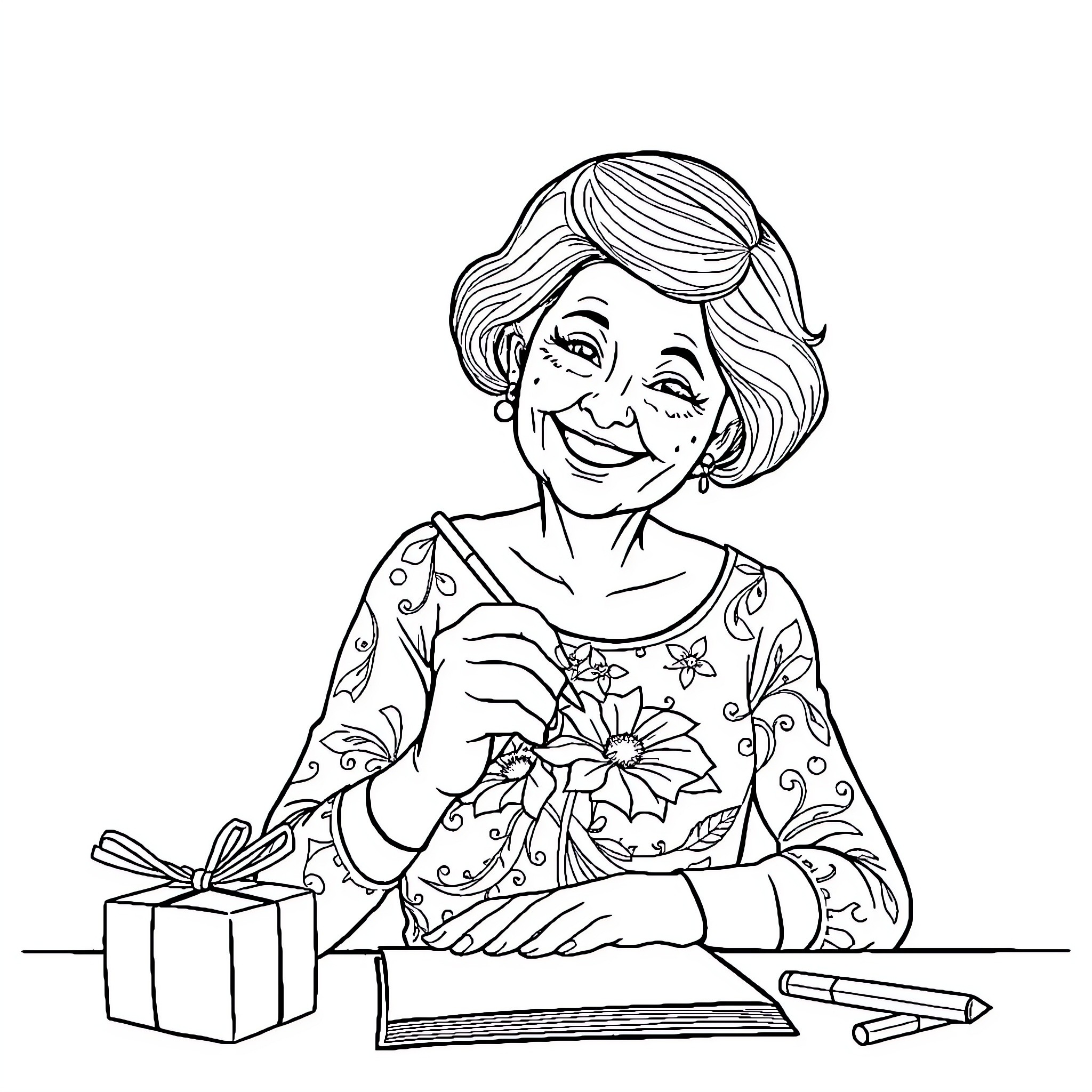 Birthday Girl Receiving a Gift with Joy Coloring Page (free black-and-white line drawing printable PDF for all, from beginners to advanced learners, including children, teens, adults, and seniors)