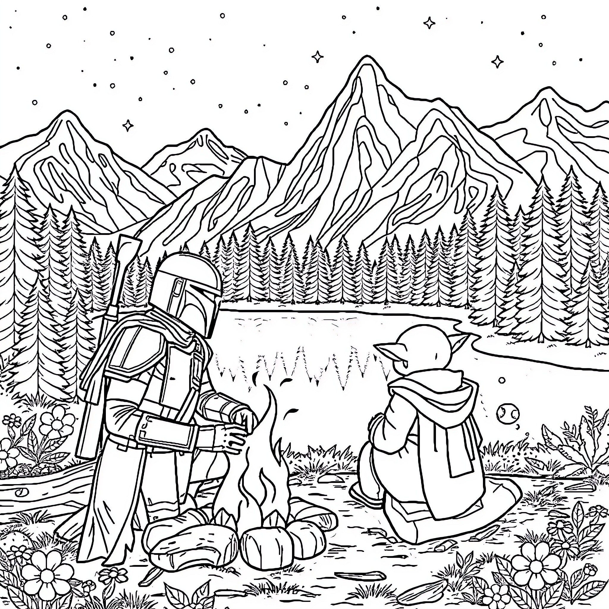 Mandolorian's Peaceful Campfire Adventure Coloring Page (free black-and-white line drawing printable PDF for all, from beginners to advanced learners, including children, teens, adults, and seniors)