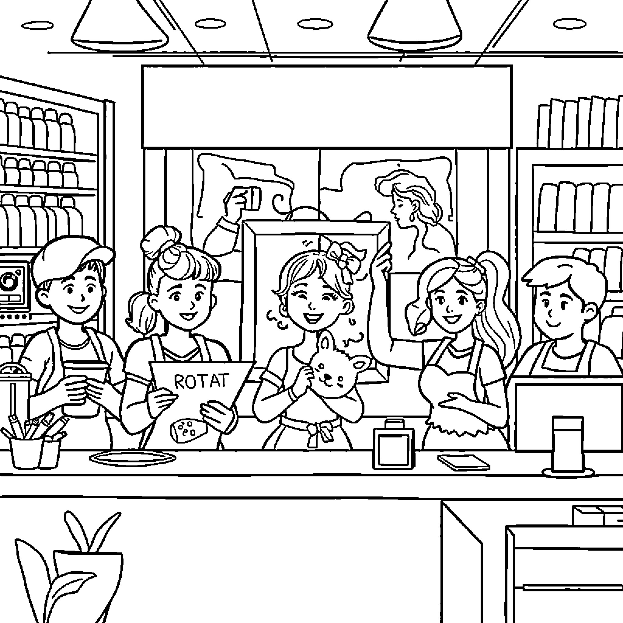 Person working in a café with customers Coloring Page (free black-and-white line drawing printable PDF for all, from beginners to advanced learners, including children, teens, adults, and seniors)