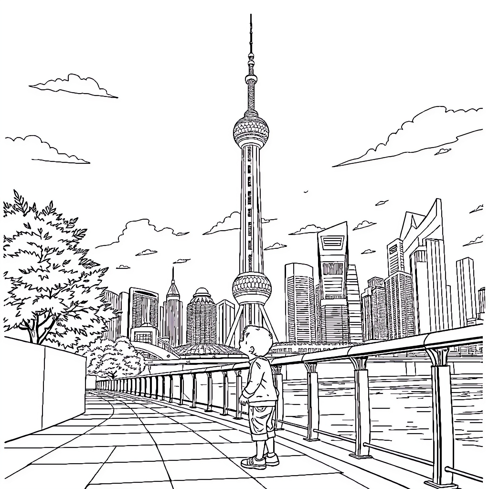 Child exploring the cityscape with skyscrapers Coloring Page (free black-and-white line drawing printable PDF for all, from beginners to advanced learners, including children, teens, adults, and seniors)