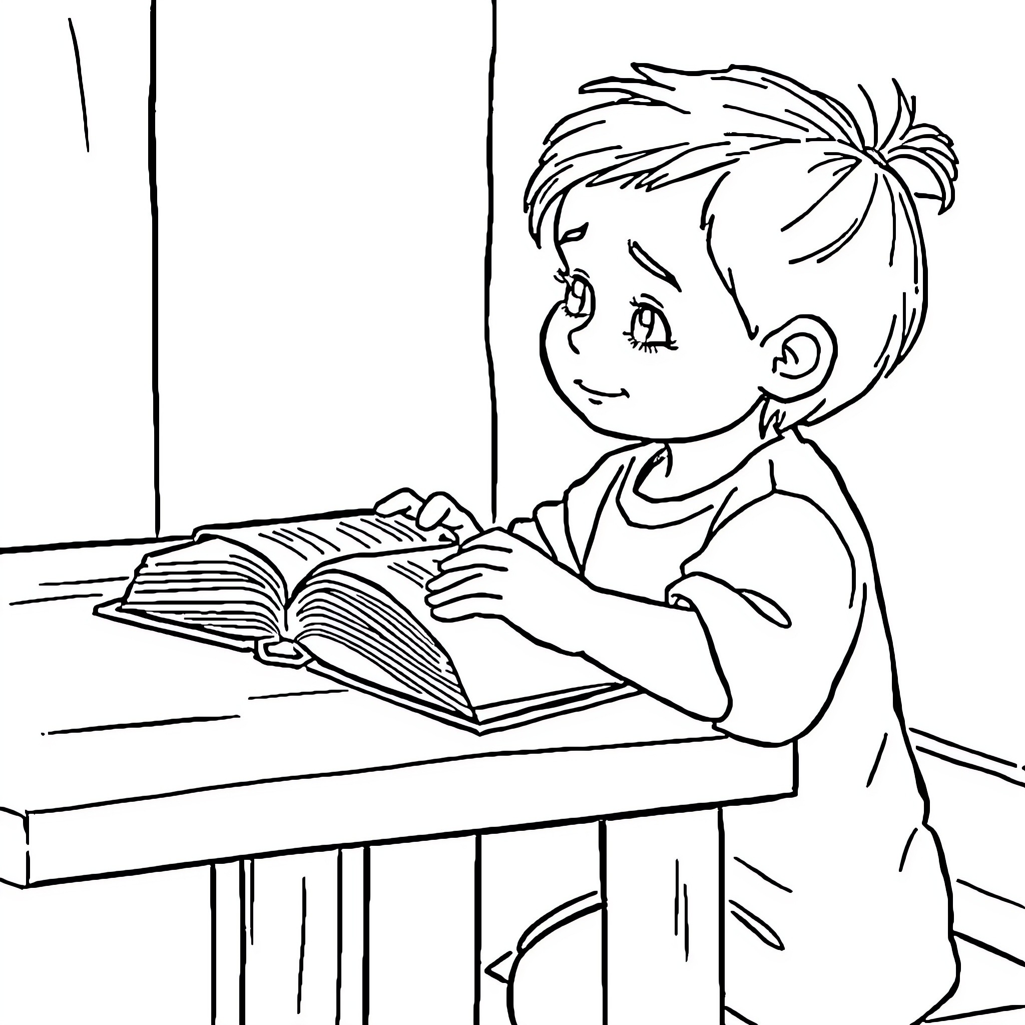 Child studying diligently at desk Coloring Page (free black-and-white line drawing printable PDF for all, from beginners to advanced learners, including children, teens, adults, and seniors)