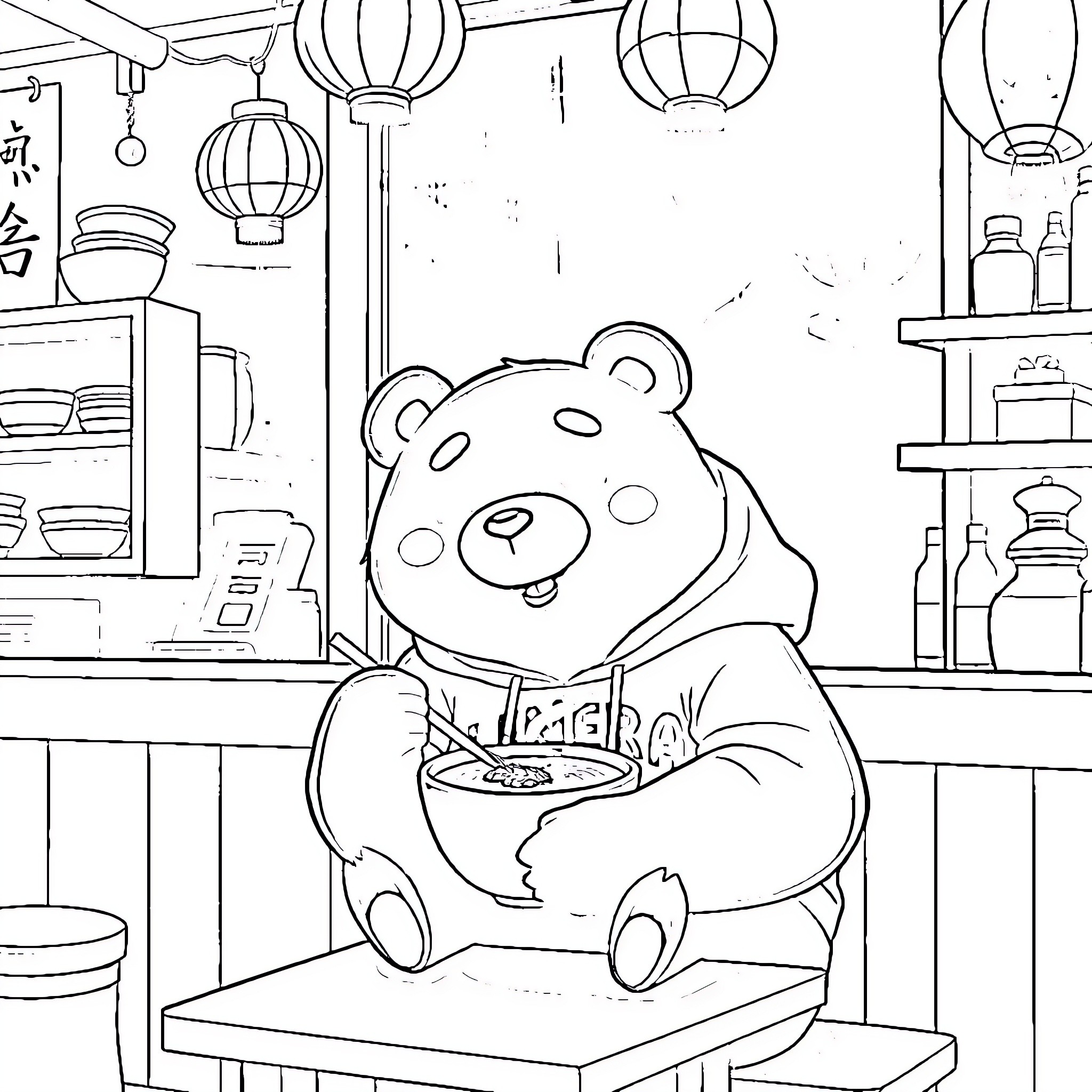 Bear enjoying a meal in a cozy restaurant Coloring Page (free black-and-white line drawing printable PDF for all, from beginners to advanced learners, including children, teens, adults, and seniors)