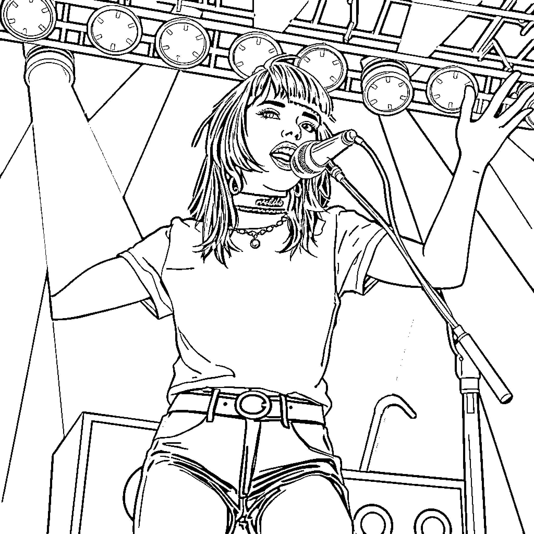 Billie Eilish performing on stage with microphone Coloring Page (free black-and-white line drawing printable PDF for all, from beginners to advanced learners, including children, teens, adults, and seniors)