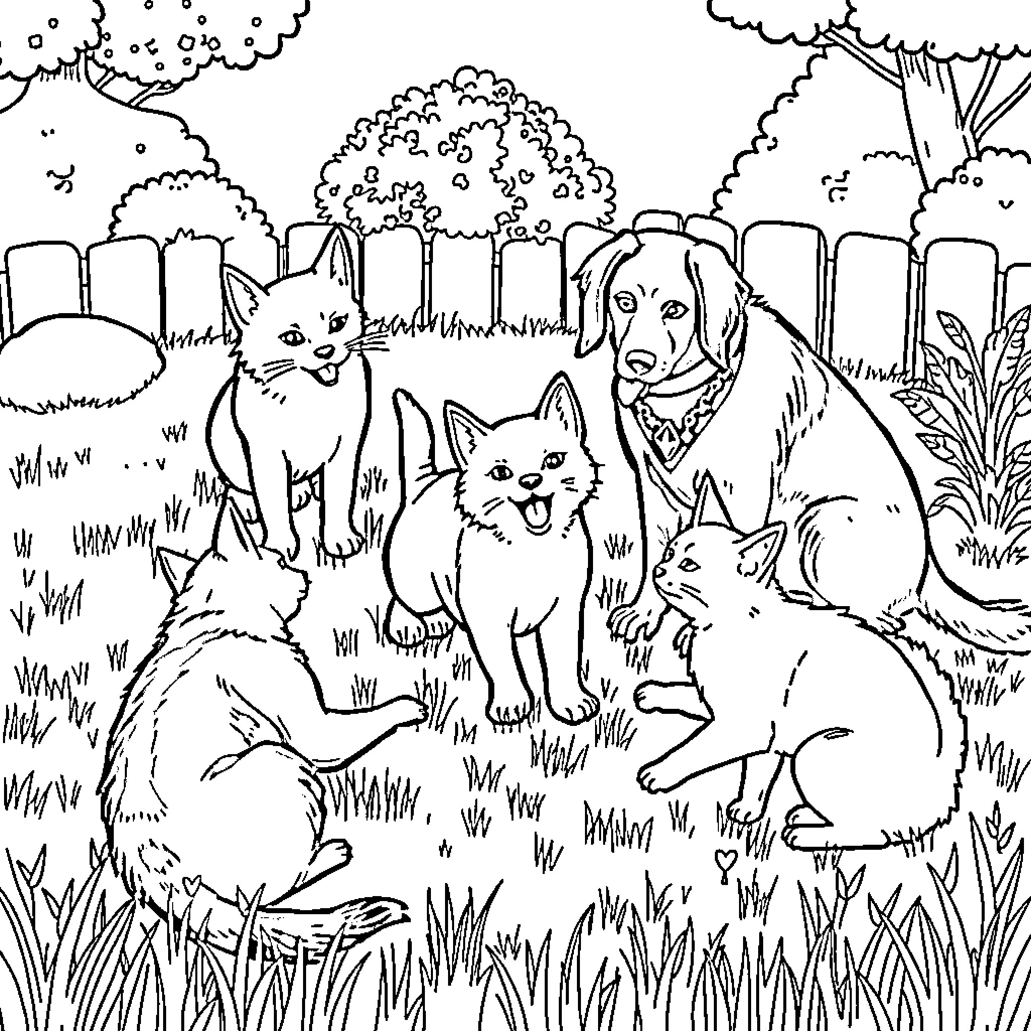 Cat friends exploring the outdoor meadow Coloring Page (free black-and-white line drawing printable PDF for all, from beginners to advanced learners, including children, teens, adults, and seniors)