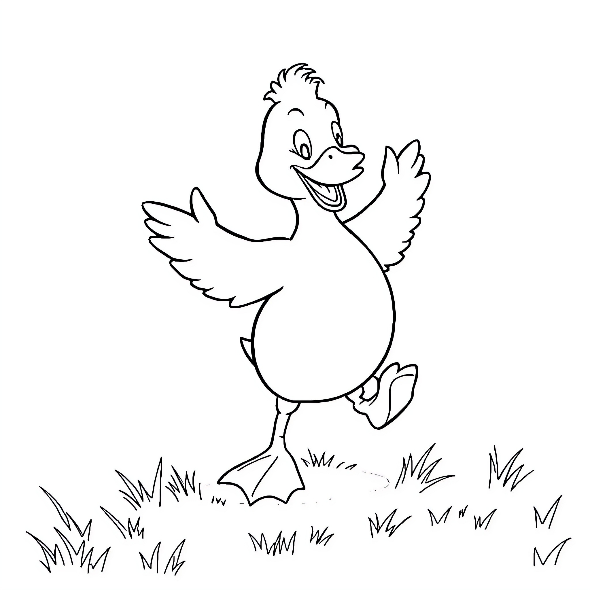 Duck joyfully strutting in the meadow Coloring Page (free black-and-white line drawing printable PDF for all, from beginners to advanced learners, including children, teens, adults, and seniors)