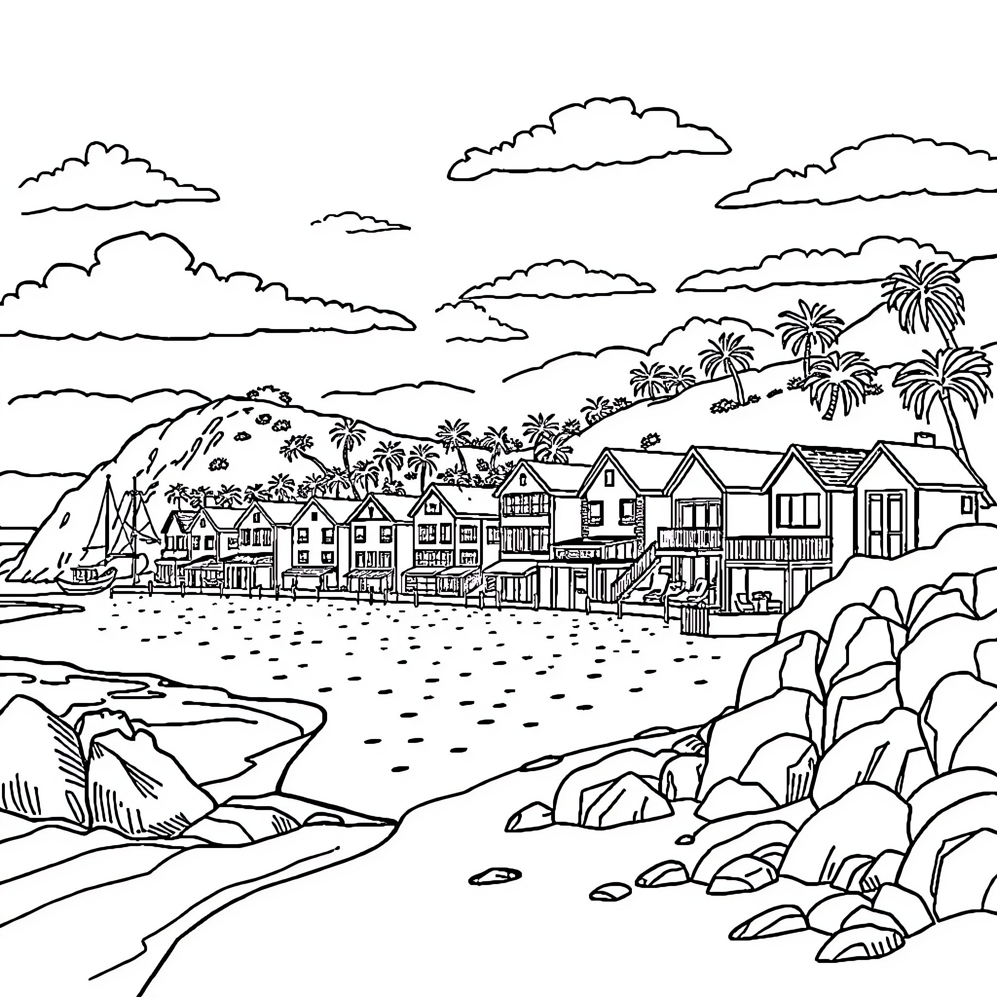 Beach Town with Beachfront Houses and Palm Trees Coloring Page (free black-and-white line drawing printable PDF for all, from beginners to advanced learners, including children, teens, adults, and seniors)