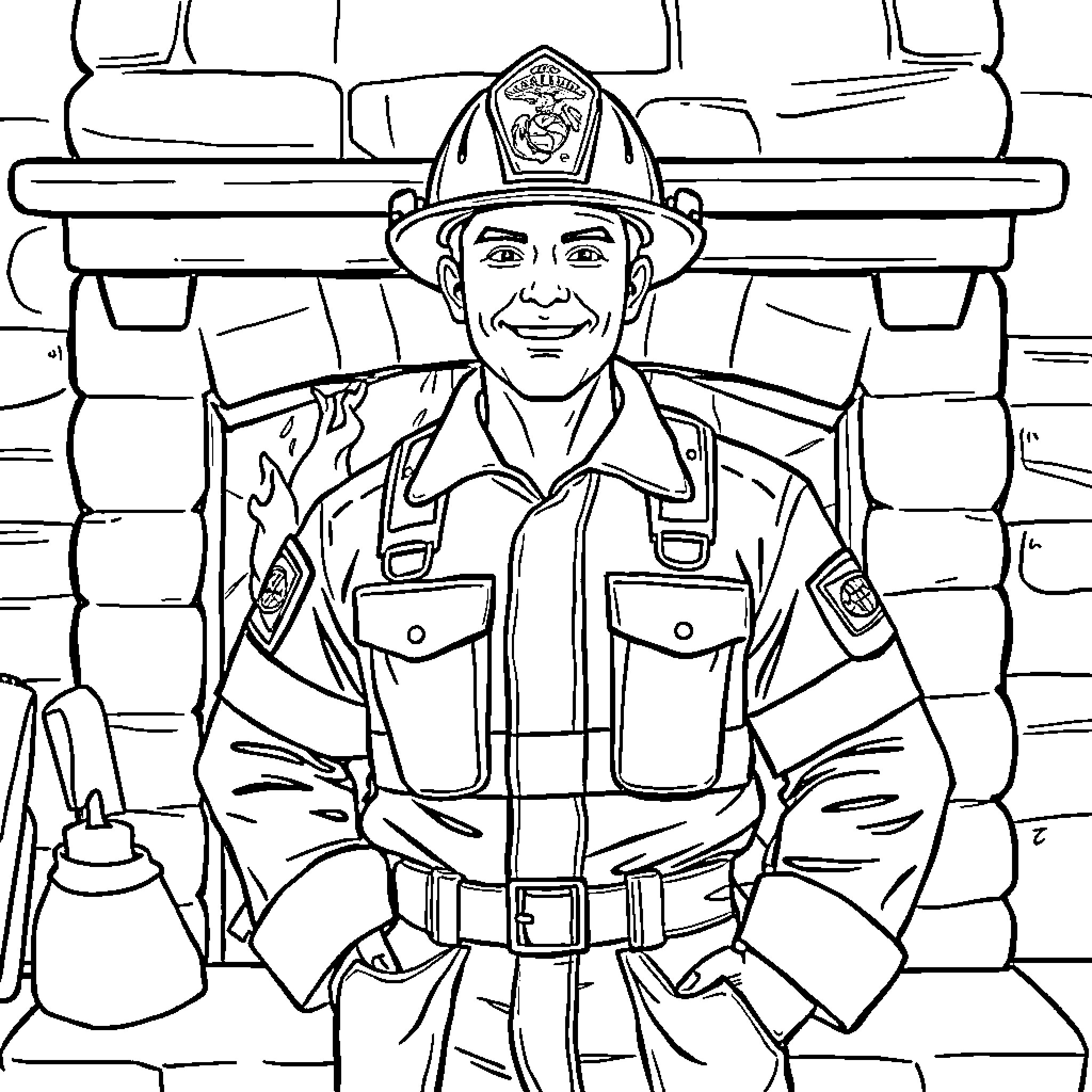 Fireman in uniform posing confidently at the fire station Coloring Page (free black-and-white line drawing printable PDF for all, from beginners to advanced learners, including children, teens, adults, and seniors)