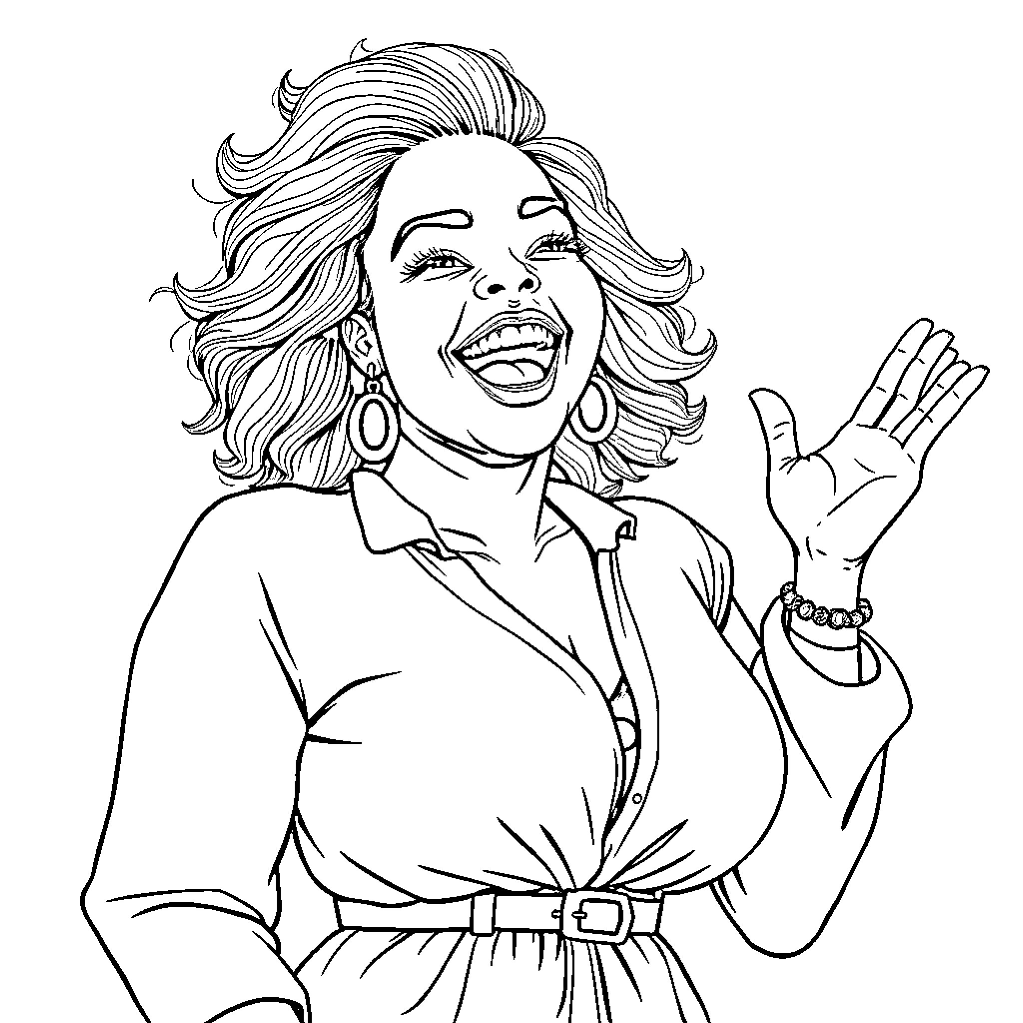 Bbw Expressing Joy and Confidence Coloring Page (free black-and-white line drawing printable PDF for all, from beginners to advanced learners, including children, teens, adults, and seniors)