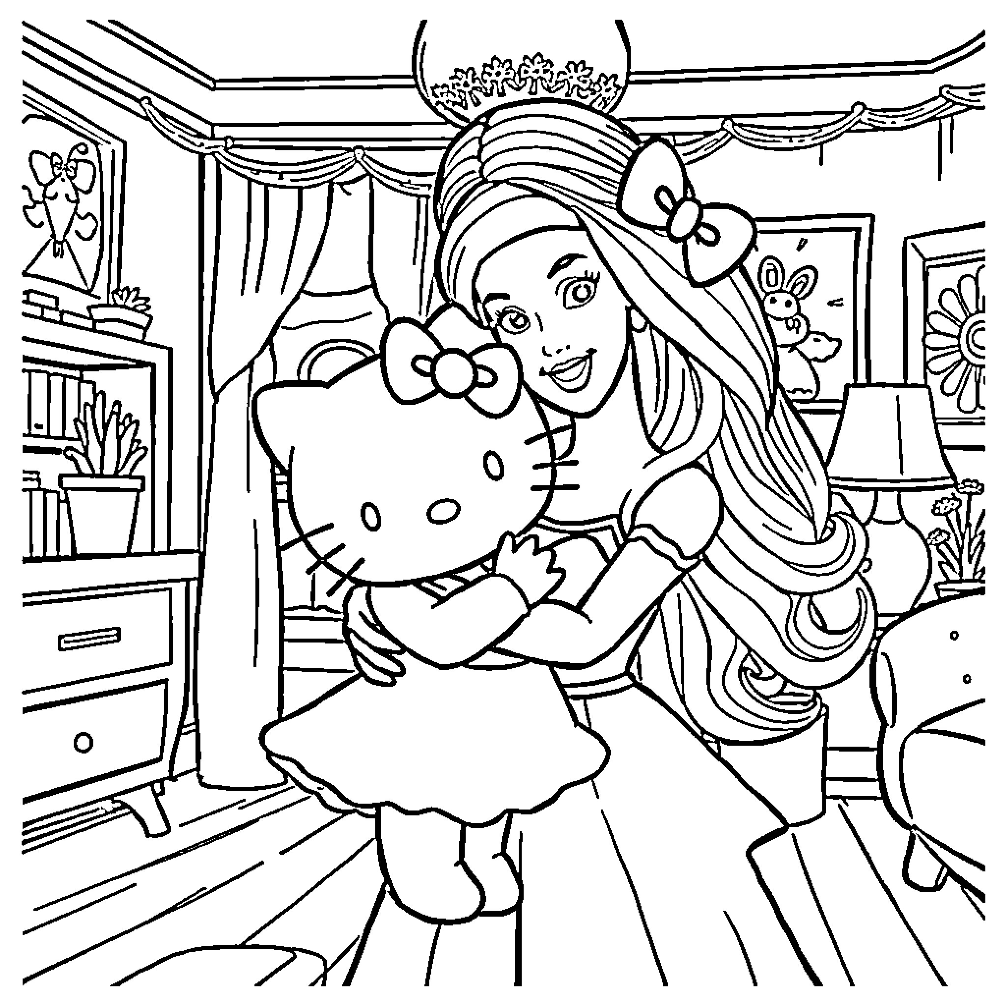 Barbie and Hello Kitty in a Cozy Home Coloring Page (free black-and-white line drawing printable PDF for all, from beginners to advanced learners, including children, teens, adults, and seniors)