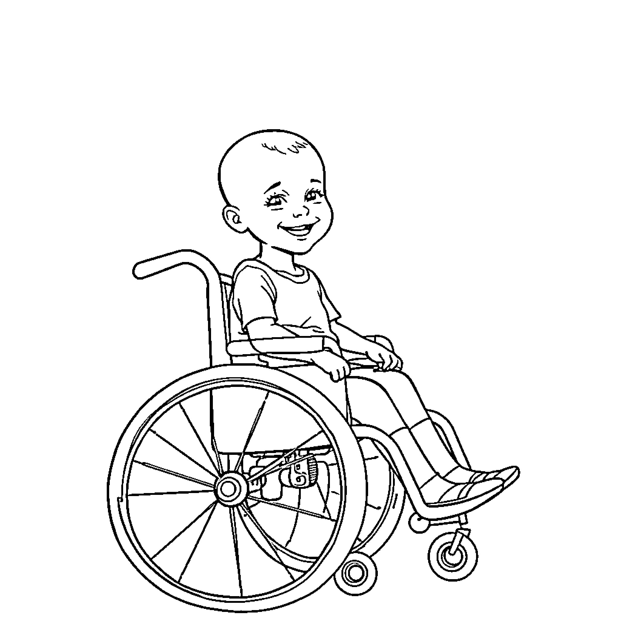 Girl in wheelchair smiling happily Coloring Page (free black-and-white line drawing printable PDF for all, from beginners to advanced learners, including children, teens, adults, and seniors)