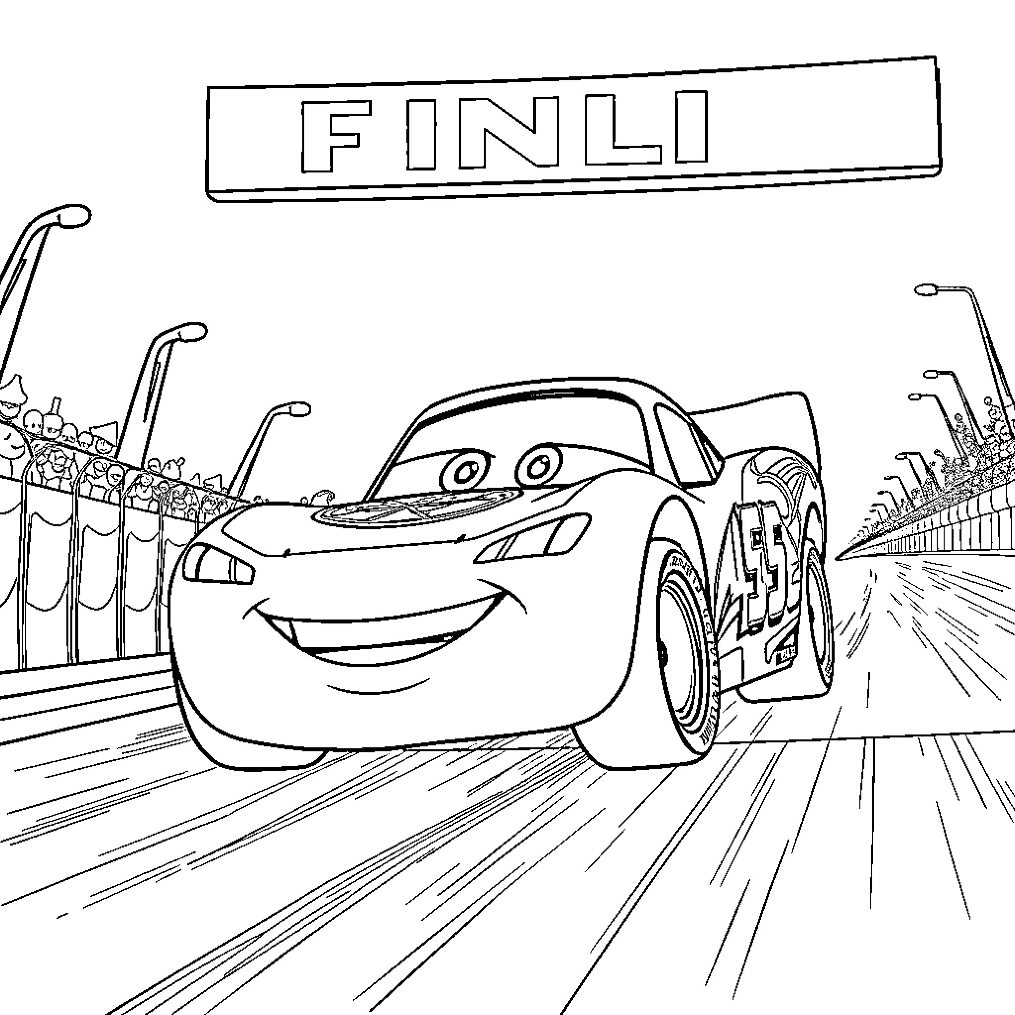 Lightning McQueen racing on the finish line Coloring Page (free black-and-white line drawing printable PDF for all, from beginners to advanced learners, including children, teens, adults, and seniors)