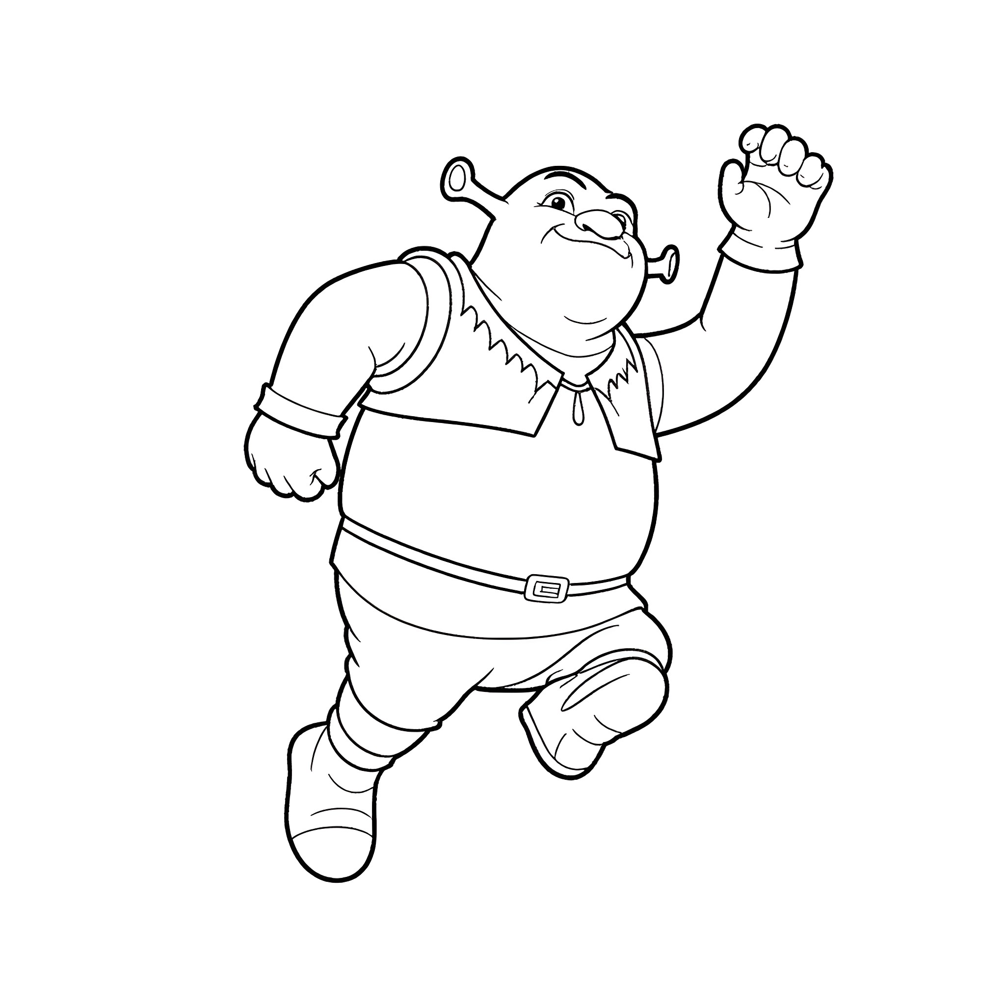 Shrek running with a fist raised Coloring Page (free black-and-white line drawing printable PDF for all, from beginners to advanced learners, including children, teens, adults, and seniors)