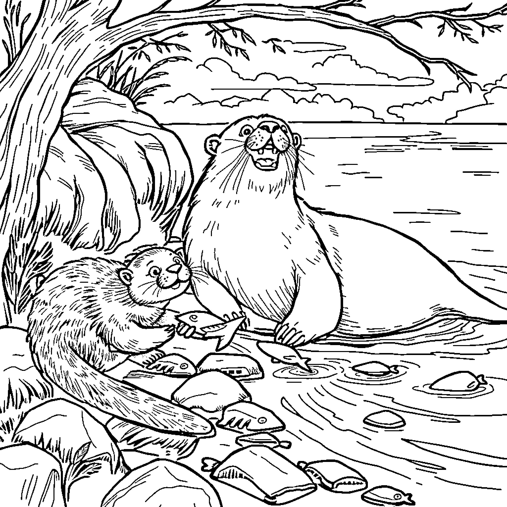 Otters playing by the lake Coloring Page (free black-and-white line drawing printable PDF for all, from beginners to advanced learners, including children, teens, adults, and seniors)