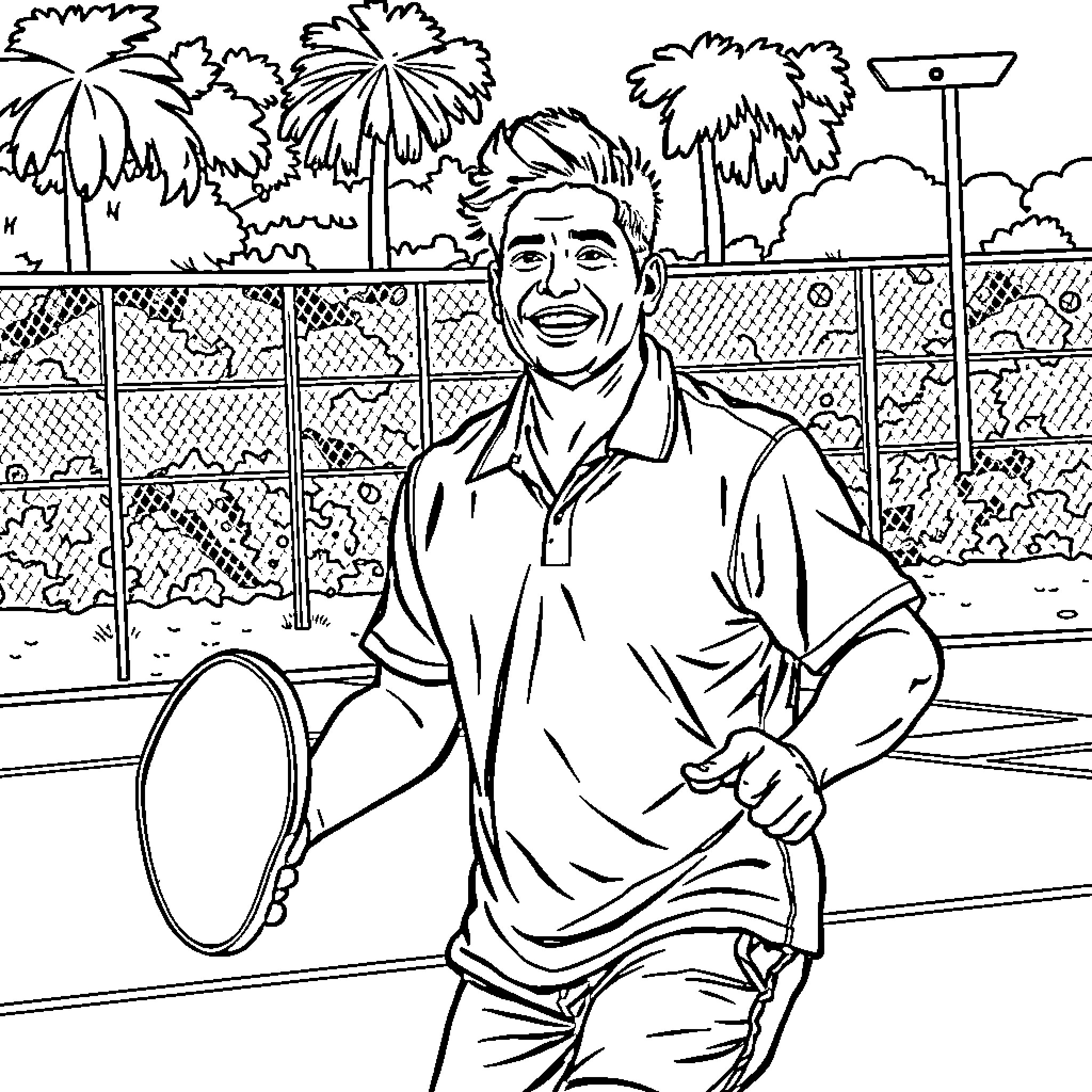 Indian Male playing tennis on a court Coloring Page (free black-and-white line drawing printable PDF for all, from beginners to advanced learners, including children, teens, adults, and seniors)