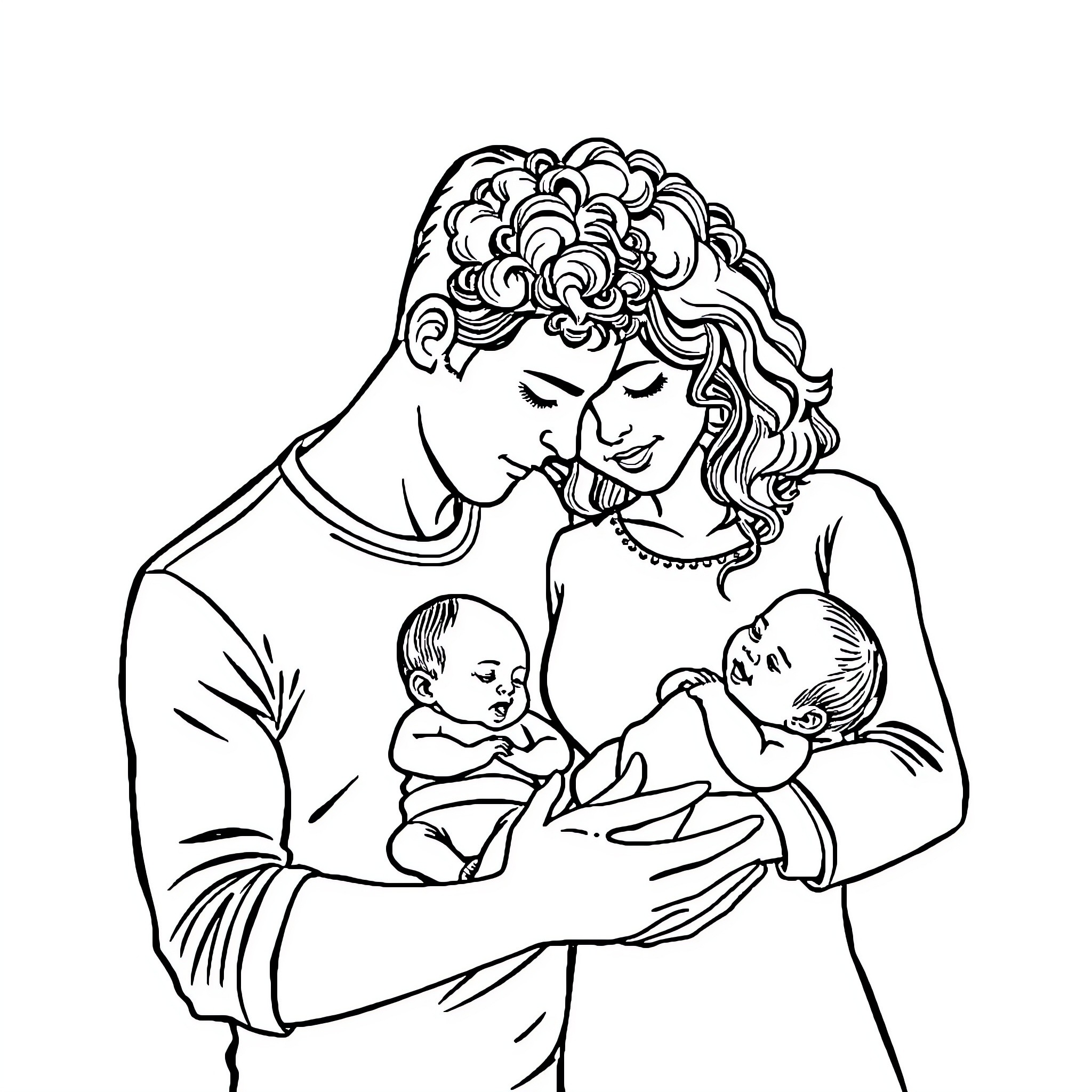 Family Caring for Newborn Babies Coloring Page (free black-and-white line drawing printable PDF for all, from beginners to advanced learners, including children, teens, adults, and seniors)