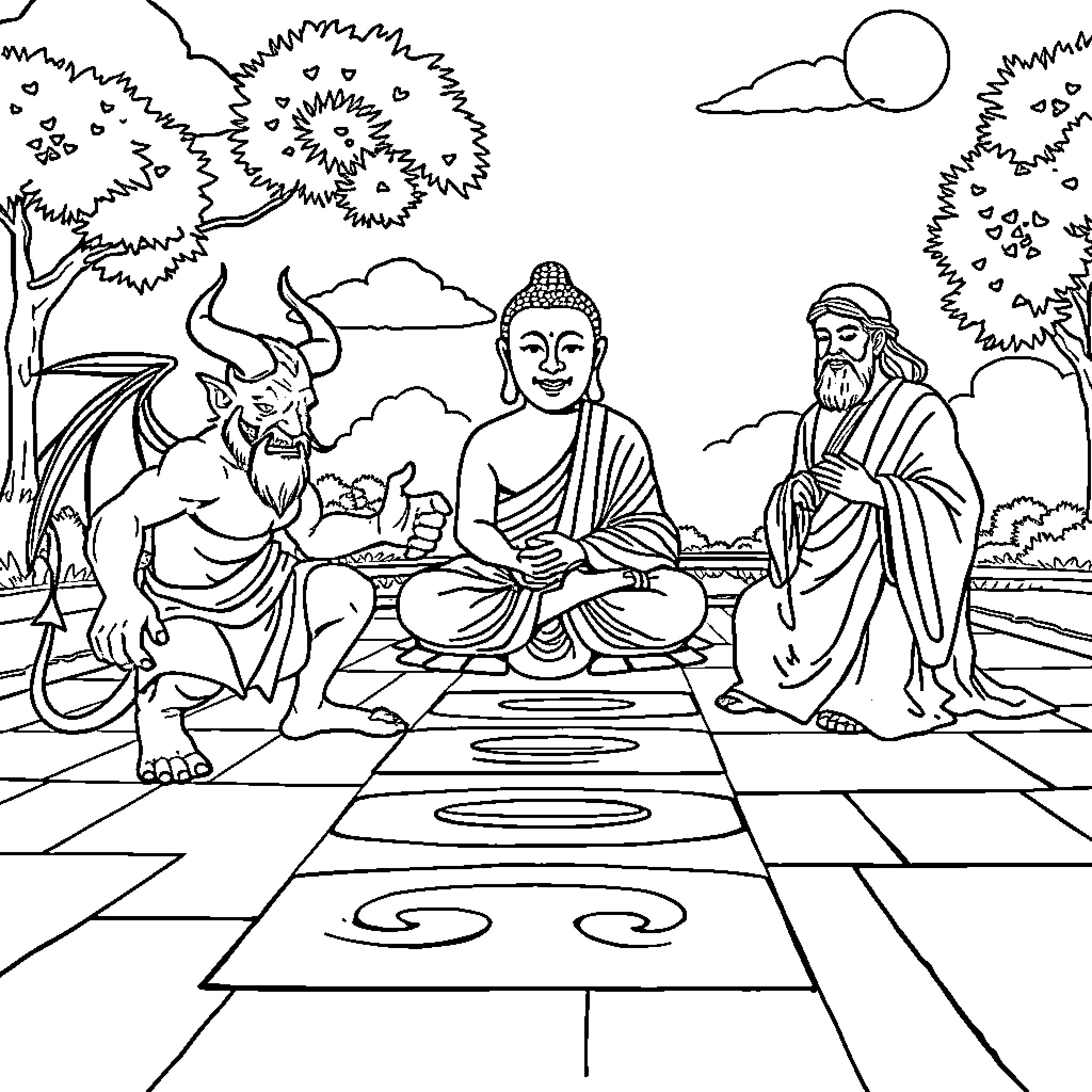 Satan's Temptation of the Enlightened Figures Coloring Page (free black-and-white line drawing printable PDF for all, from beginners to advanced learners, including children, teens, adults, and seniors)