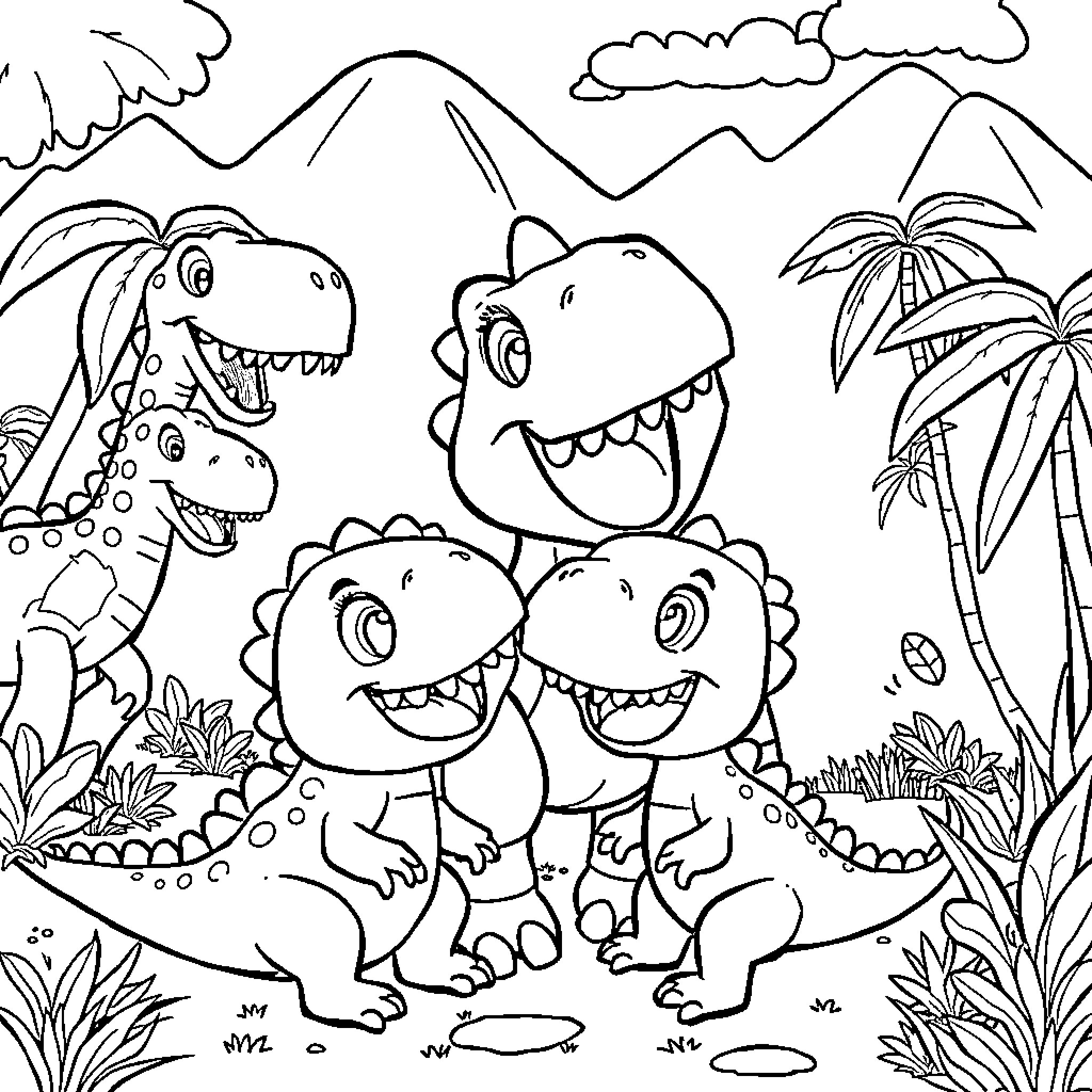 Cry Babies Dinosaur Family in Tropical Landscape Coloring Page (free black-and-white line drawing printable PDF for all, from beginners to advanced learners, including children, teens, adults, and seniors)