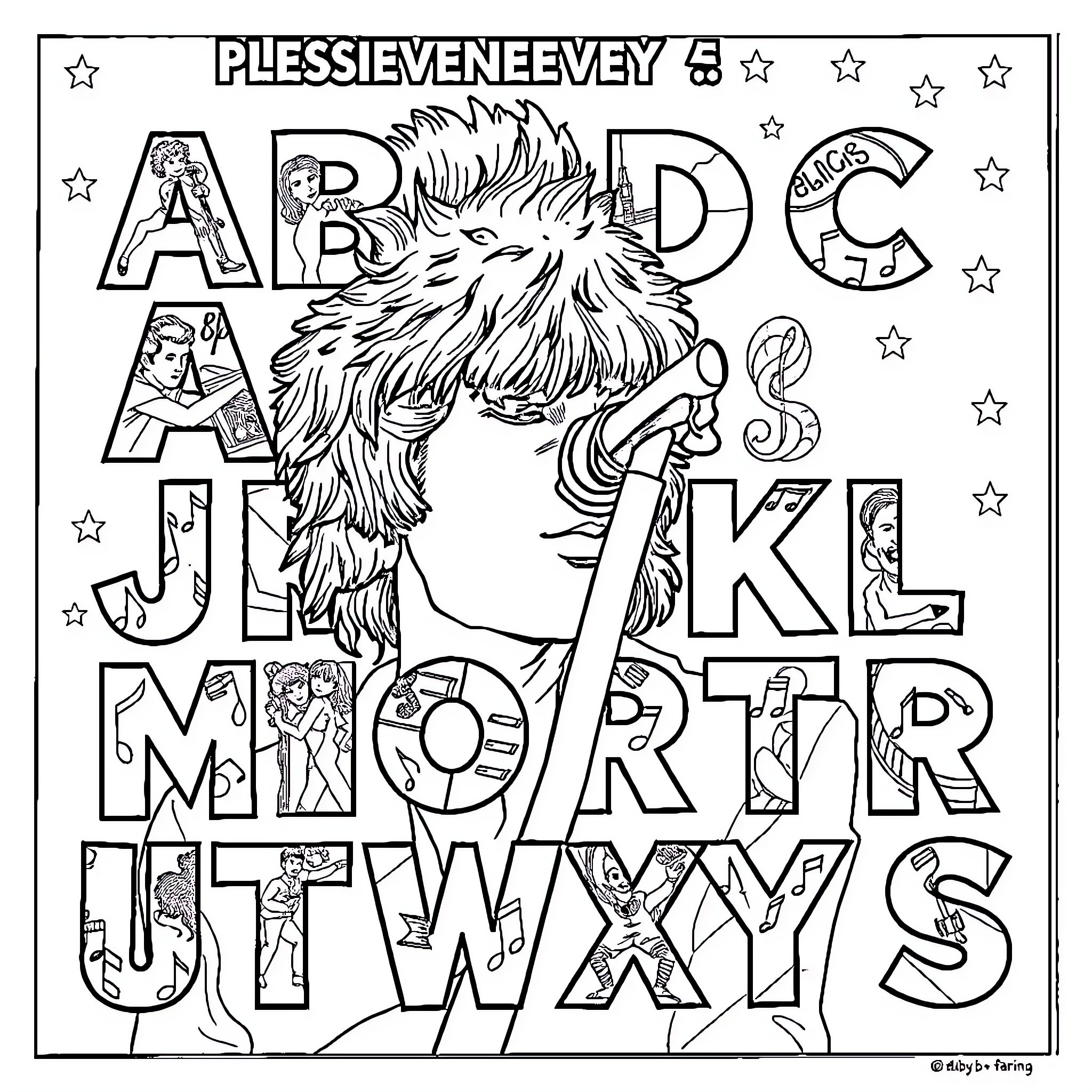 Legendary Music Artist Performing on Stage with Vibrant Imagery Coloring Page (free black-and-white line drawing printable PDF for all, from beginners to advanced learners, including children, teens, adults, and seniors)