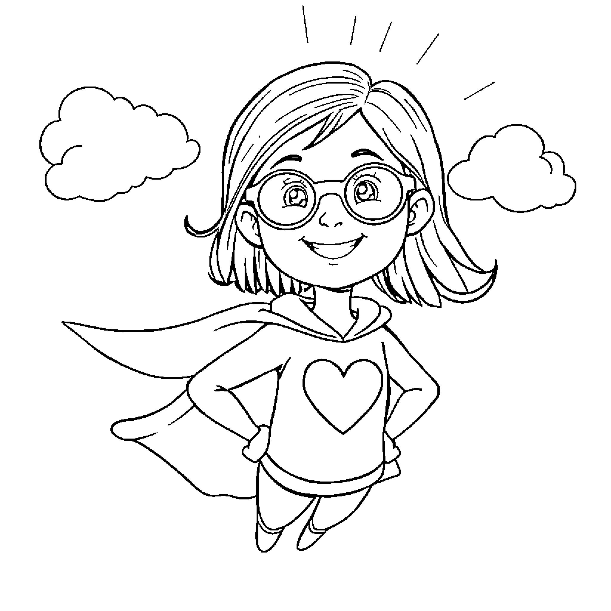 Girl Soaring with Happiness in the Clouds Coloring Page (free black-and-white line drawing printable PDF for all, from beginners to advanced learners, including children, teens, adults, and seniors)
