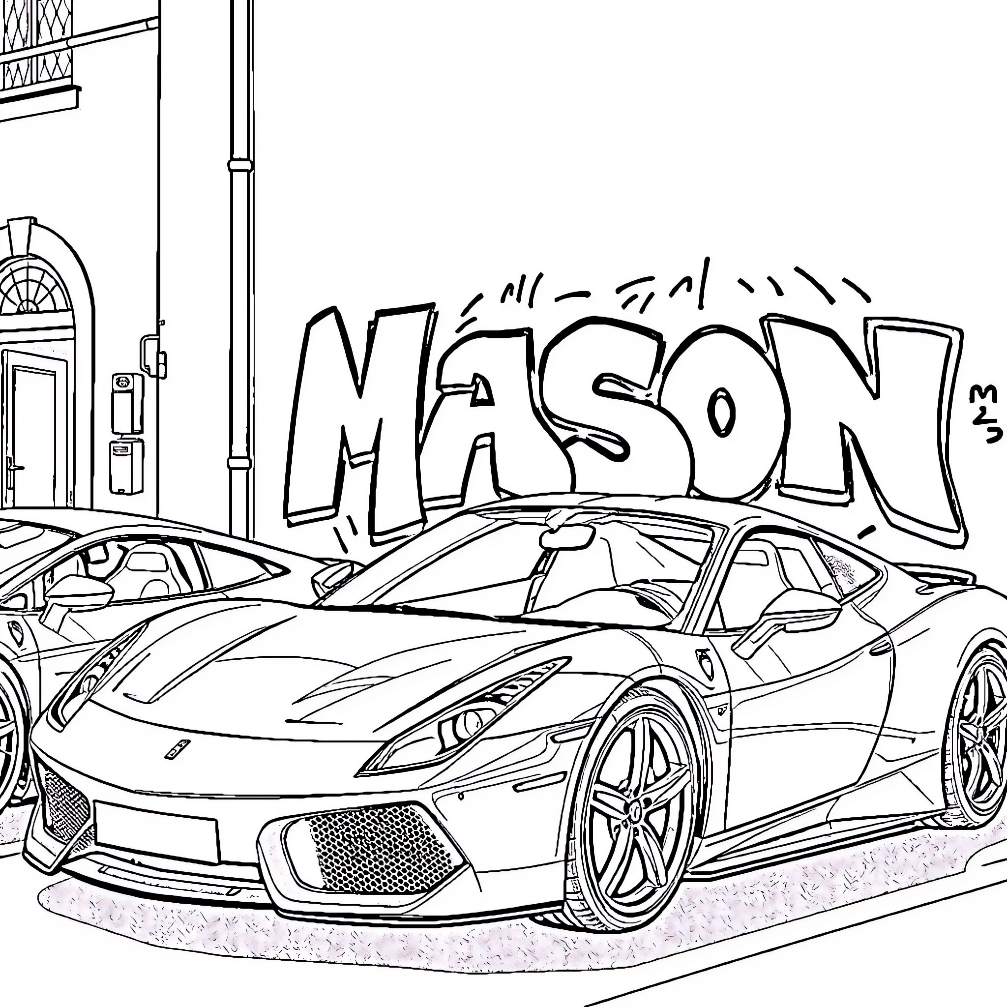 Sport Car with Graffiti Art in Urban Setting Coloring Page (free black-and-white line drawing printable PDF for all, from beginners to advanced learners, including children, teens, adults, and seniors)