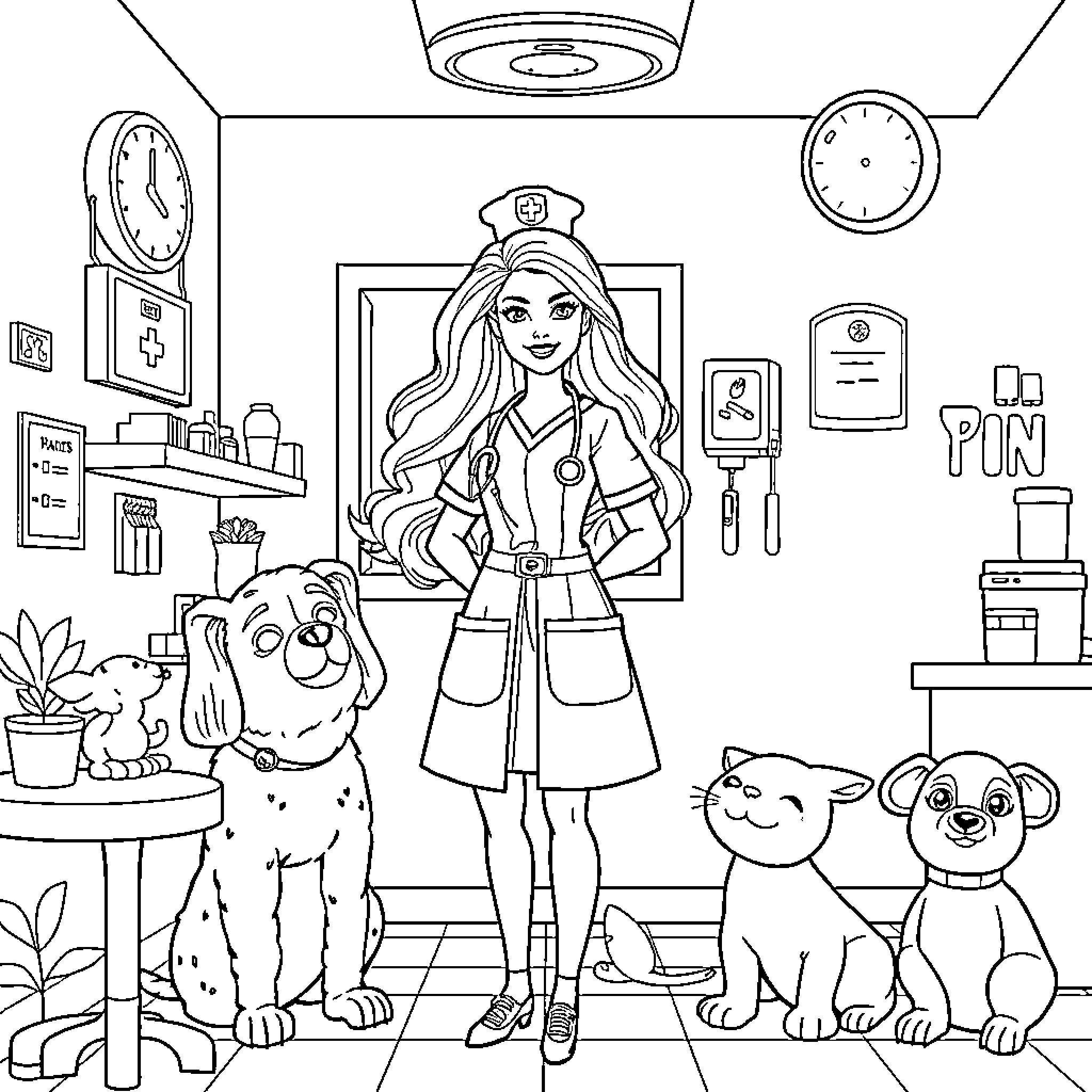 Barbie Caring for Pets in the Veterinary Clinic Coloring Page (free black-and-white line drawing printable PDF for all, from beginners to advanced learners, including children, teens, adults, and seniors)
