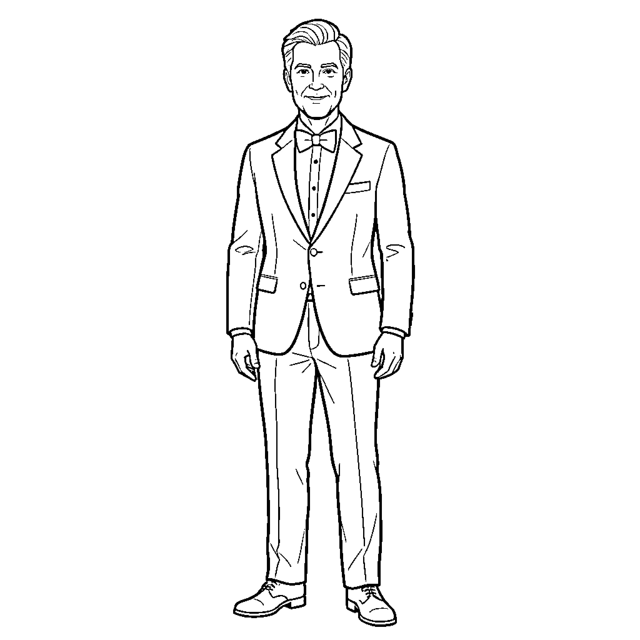 Person standing confidently in a formal tuxedo Coloring Page (free black-and-white line drawing printable PDF for all, from beginners to advanced learners, including children, teens, adults, and seniors)