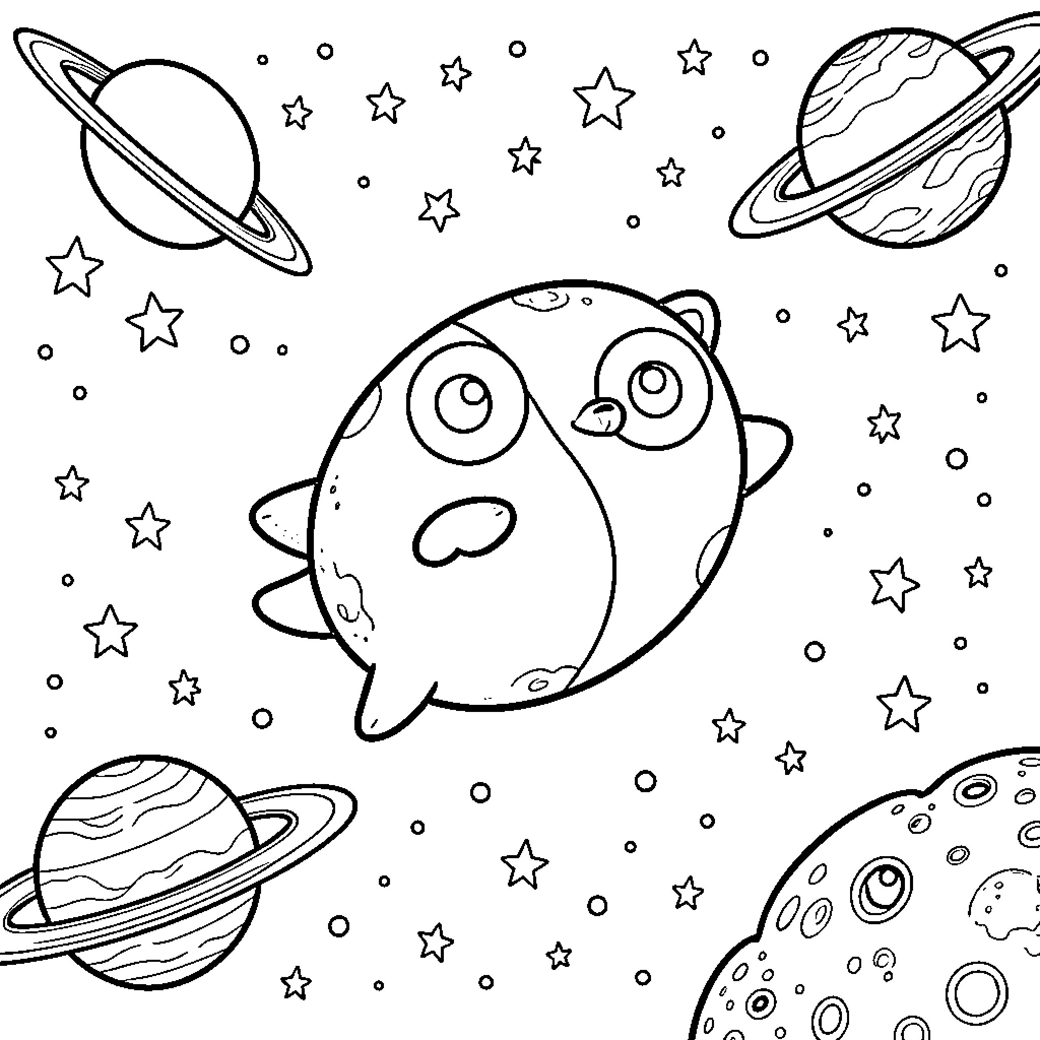 Pibble exploring the wondrous cosmic landscape Coloring Page (free black-and-white line drawing printable PDF for all, from beginners to advanced learners, including children, teens, adults, and seniors)