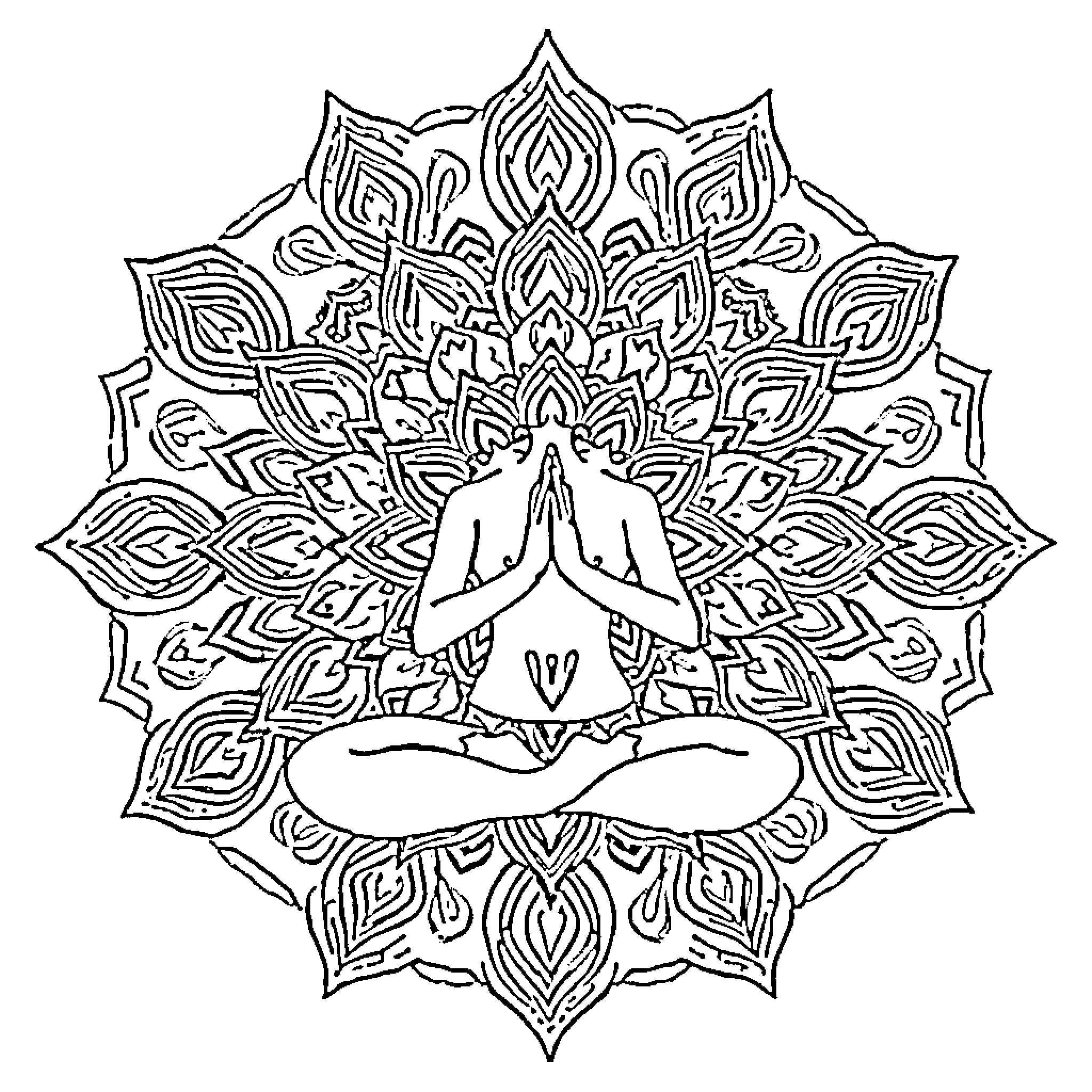 Mandala of a person meditating in a lotus position Coloring Page (free black-and-white line drawing printable PDF for all, from beginners to advanced learners, including children, teens, adults, and seniors)