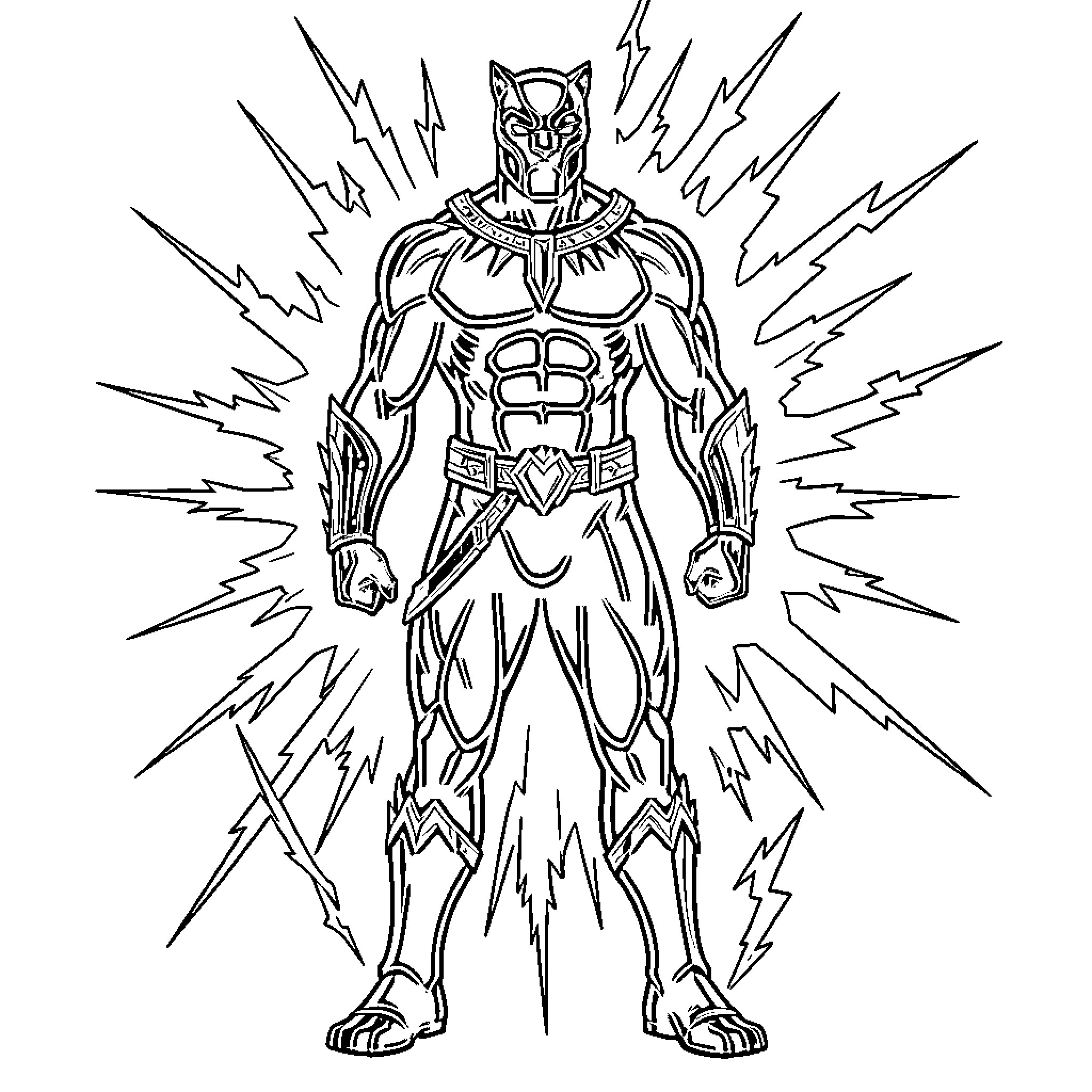 Panther standing heroically amidst powerful energy bursts Coloring Page (free black-and-white line drawing printable PDF for all, from beginners to advanced learners, including children, teens, adults, and seniors)