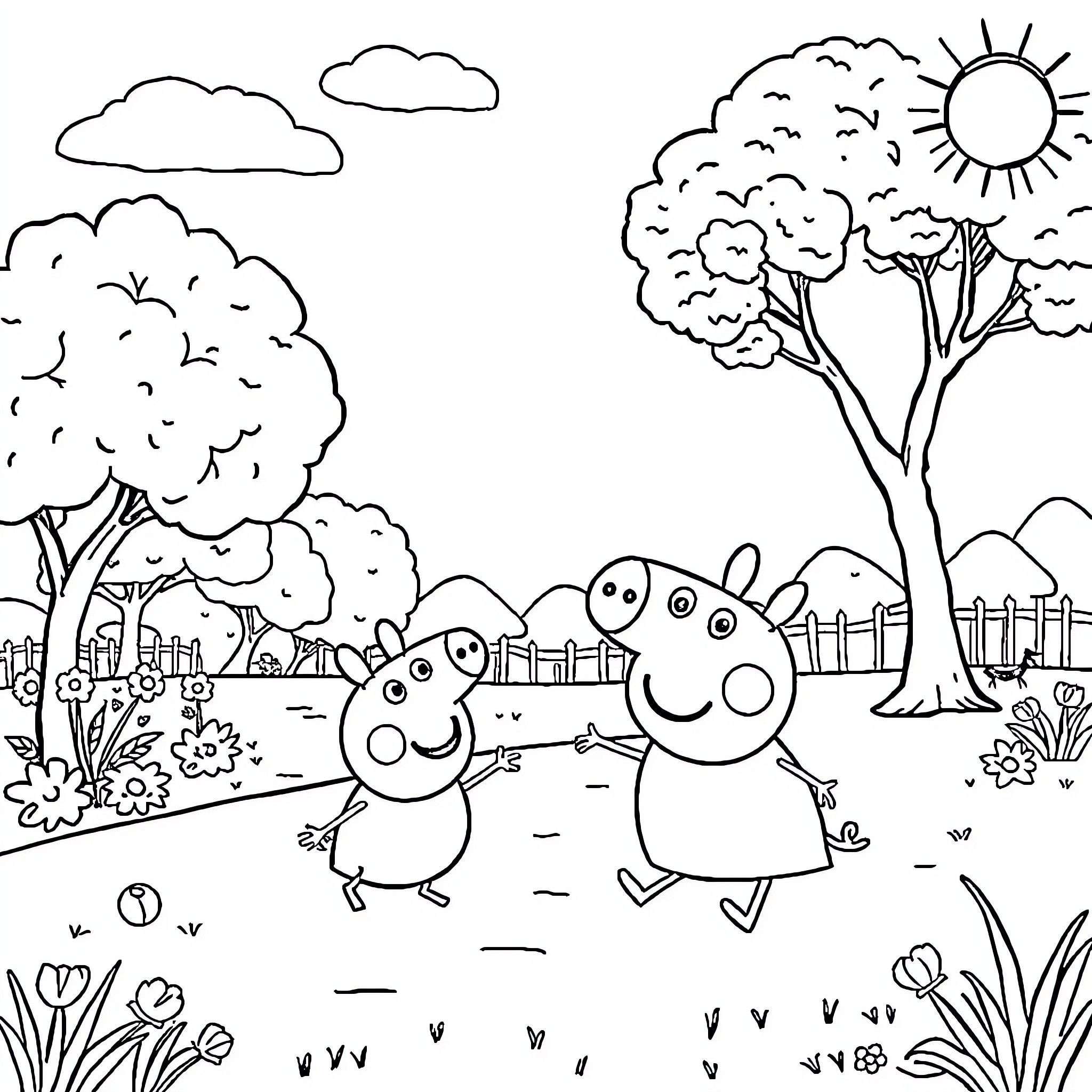 Peppa Pig and friends explore the outdoors Coloring Page (free black-and-white line drawing printable PDF for all, from beginners to advanced learners, including children, teens, adults, and seniors)