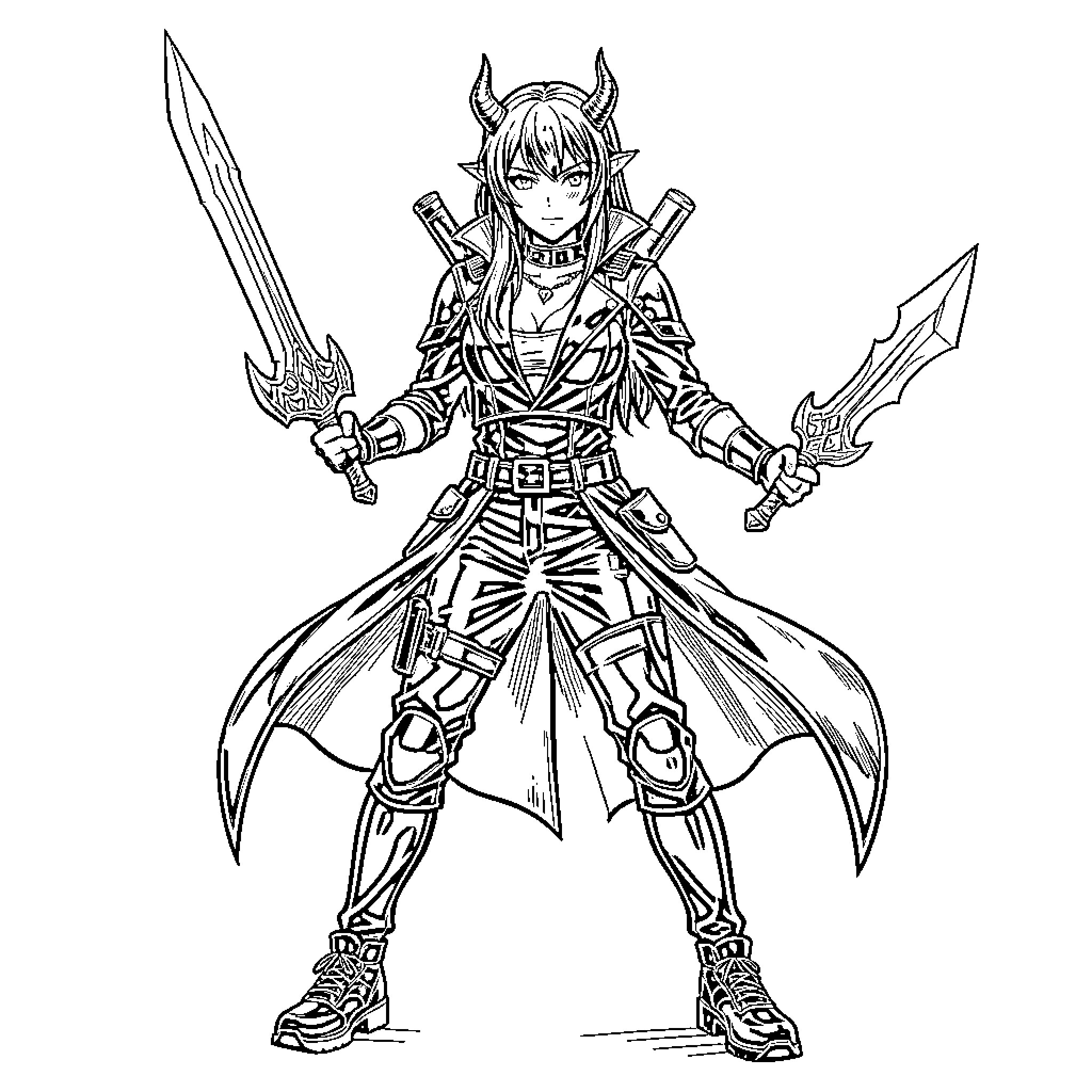 Demon Hunter with Fierce Weaponry and Demonic Attire Coloring Page (free black-and-white line drawing printable PDF for all, from beginners to advanced learners, including children, teens, adults, and seniors)