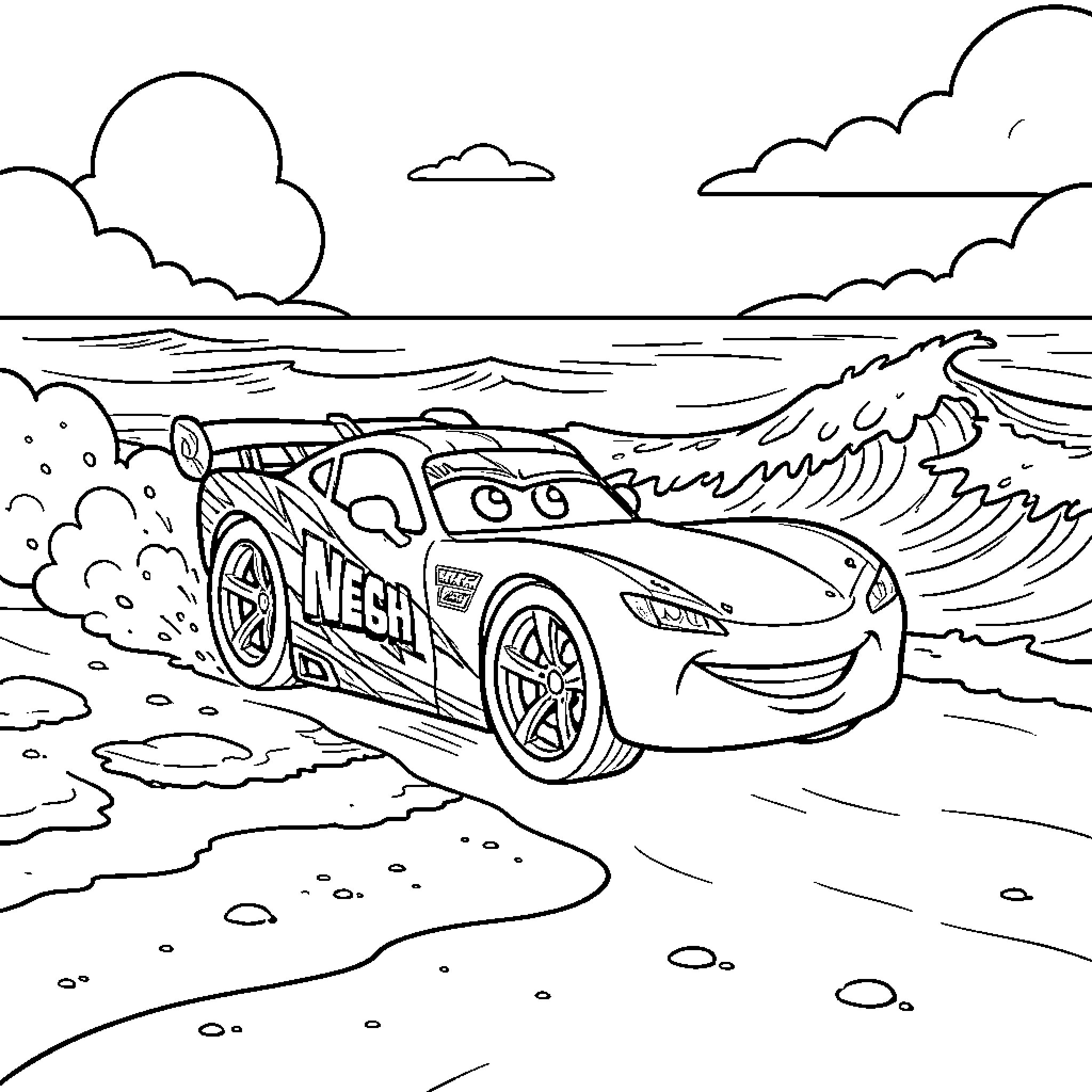 Flash McQueen racing happily along the ocean waves Coloring Page (free black-and-white line drawing printable PDF for all, from beginners to advanced learners, including children, teens, adults, and seniors)