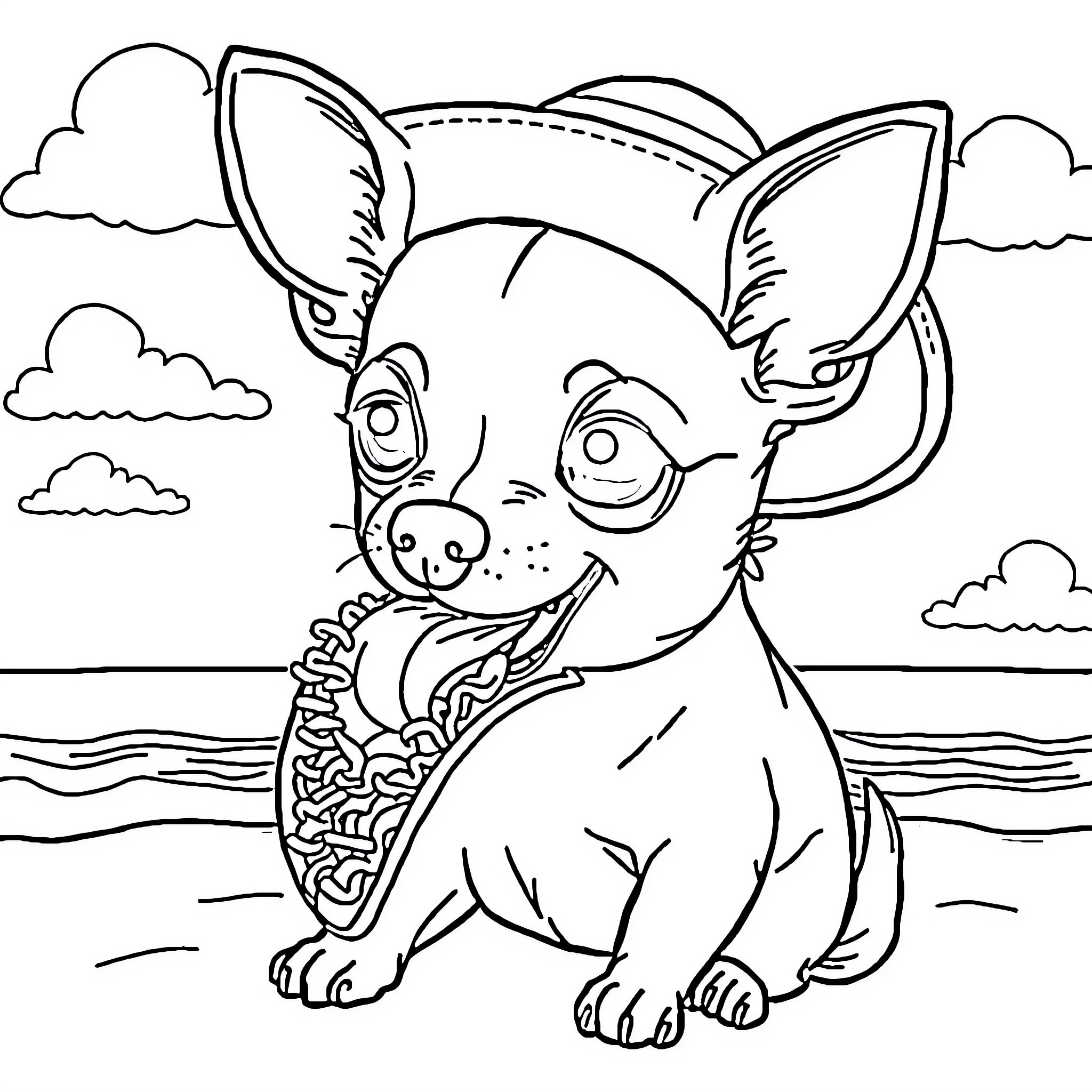 Chihuahua playing happily by the beach Coloring Page (free black-and-white line drawing printable PDF for all, from beginners to advanced learners, including children, teens, adults, and seniors)