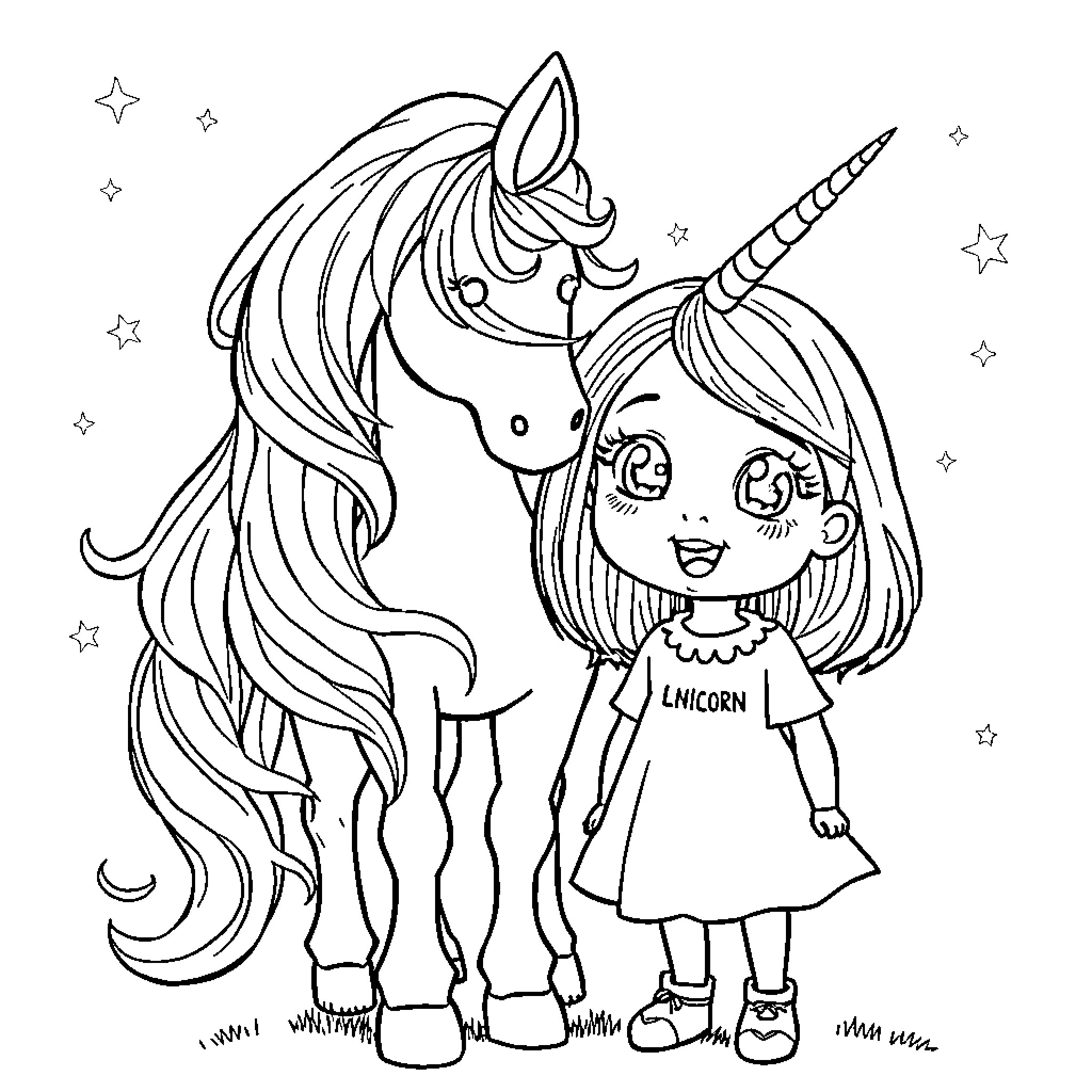 Unicorn and cheerful girl with stars Coloring Page (free black-and-white line drawing printable PDF for all, from beginners to advanced learners, including children, teens, adults, and seniors)