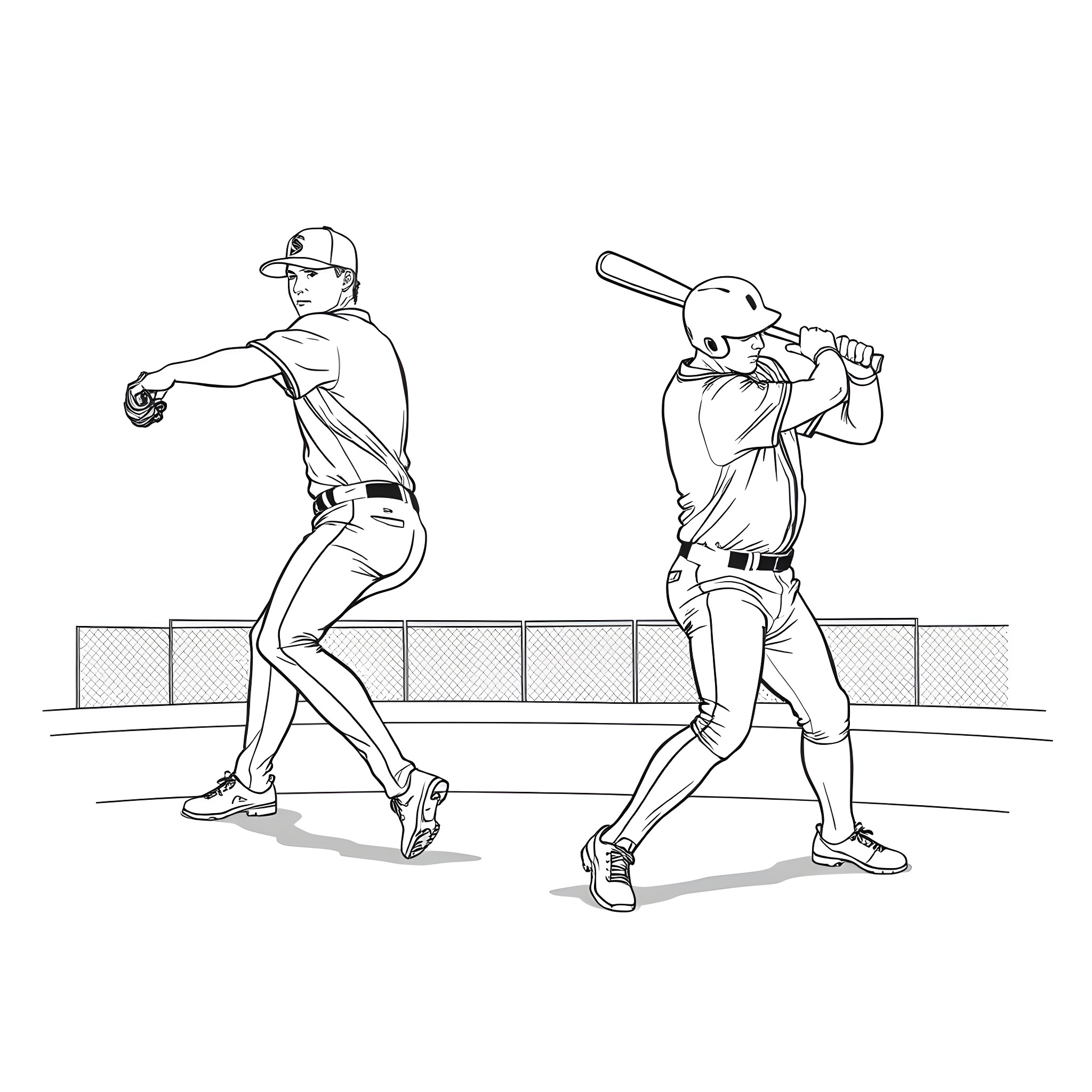 Baseball players in action on the field Coloring Page (free black-and-white line drawing printable PDF for all, from beginners to advanced learners, including children, teens, adults, and seniors)