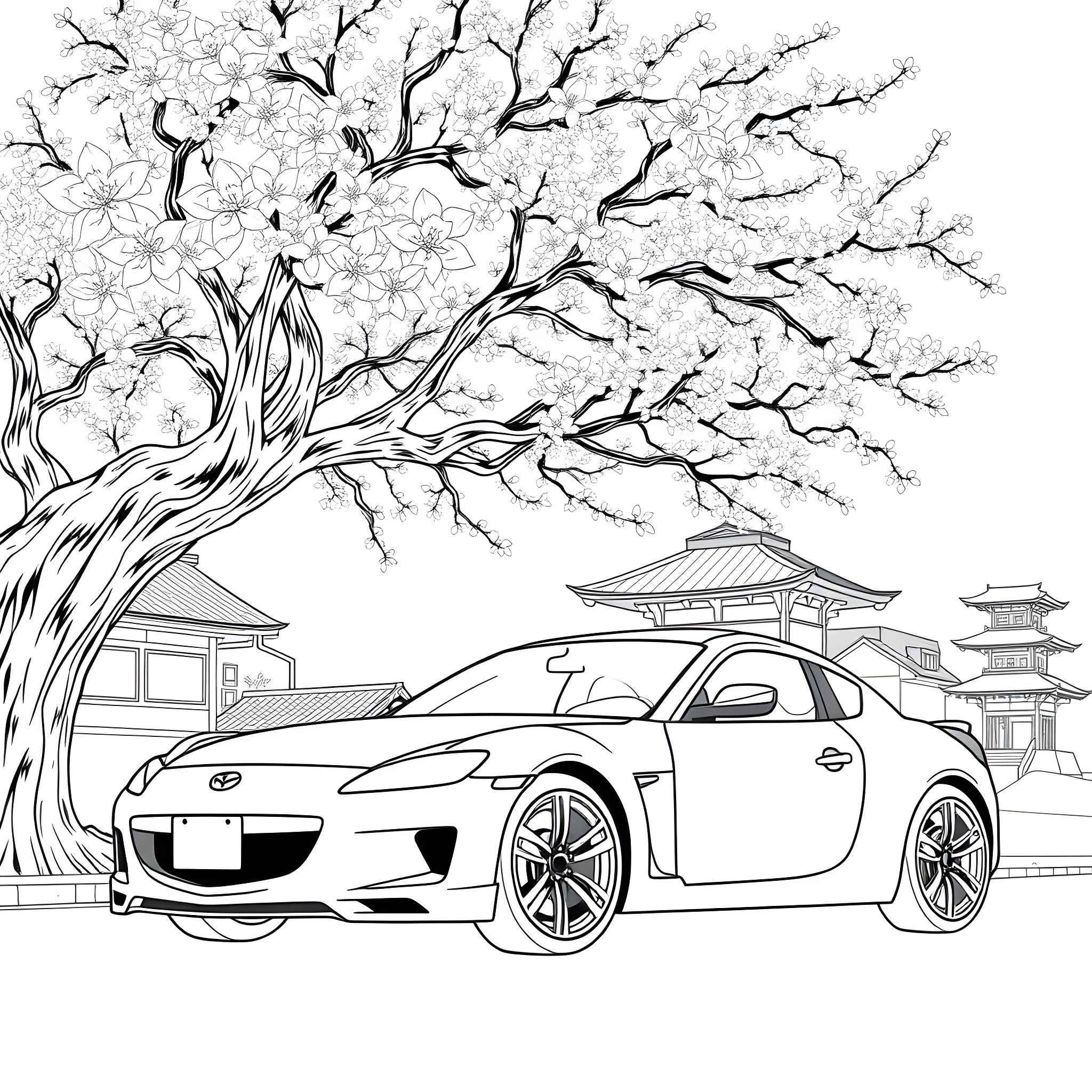 Mazda Rx-8 parked in front of Japanese temple landscape Coloring Page (free black-and-white line drawing printable PDF for all, from beginners to advanced learners, including children, teens, adults, and seniors)