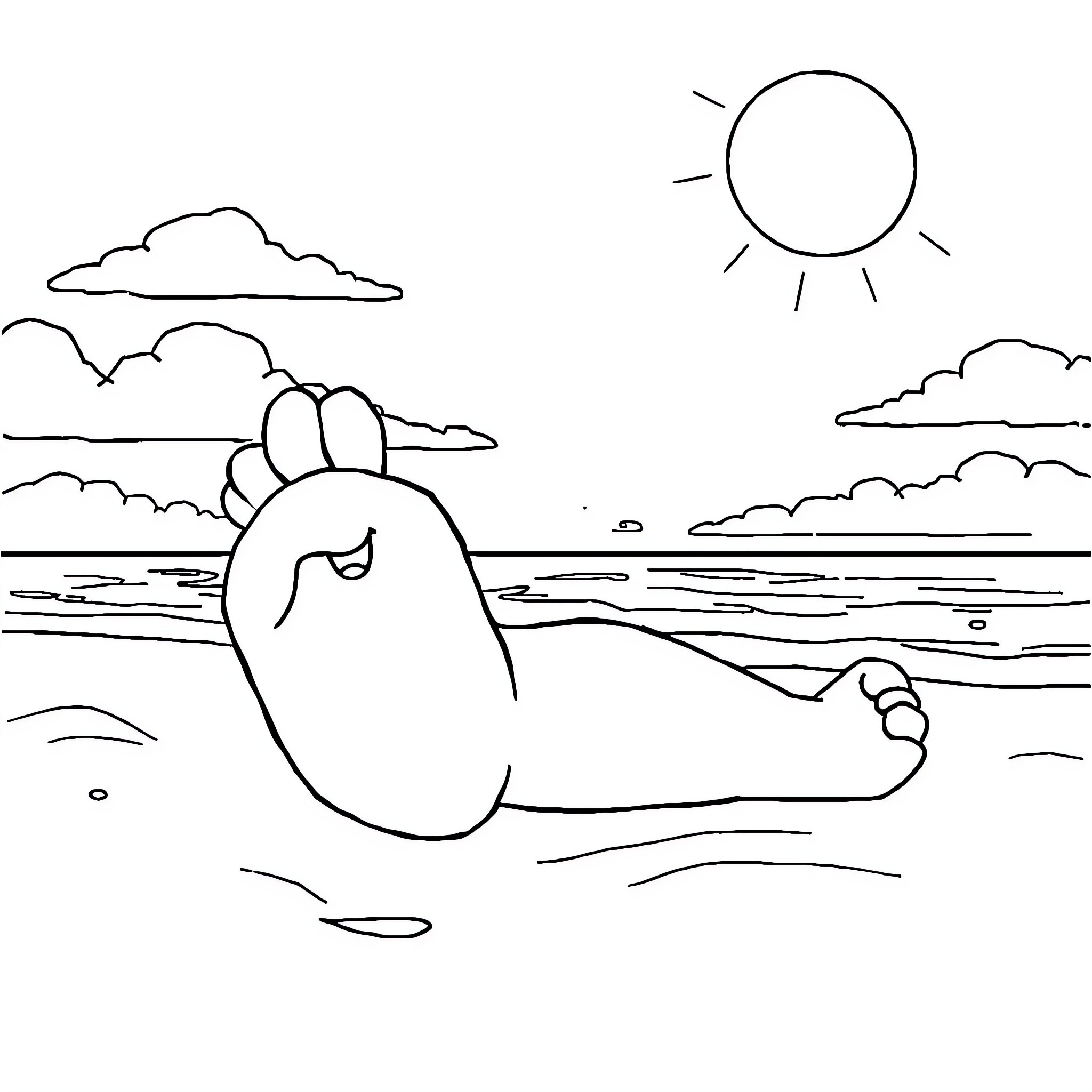 Bigfoot relaxing on the beach Coloring Page (free black-and-white line drawing printable PDF for all, from beginners to advanced learners, including children, teens, adults, and seniors)