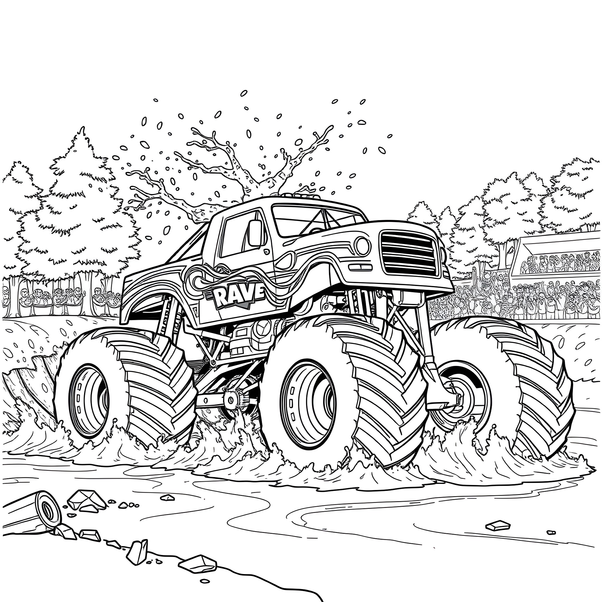 Monster Truck Crushing Through Muddy Terrain Coloring Page (free black-and-white line drawing printable PDF for all, from beginners to advanced learners, including children, teens, adults, and seniors)