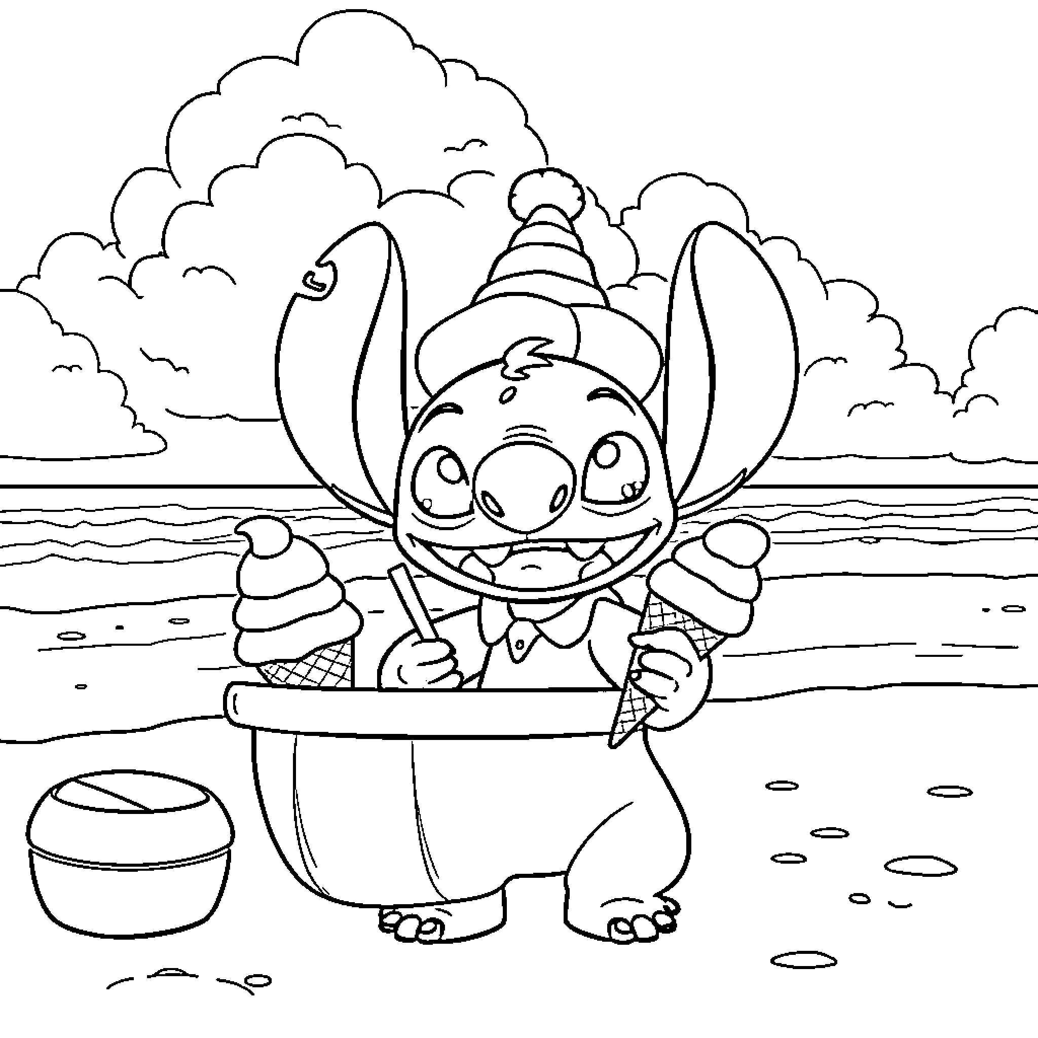 Ice Cream Loving Alien on the Beach Coloring Page (free black-and-white line drawing printable PDF for all, from beginners to advanced learners, including children, teens, adults, and seniors)