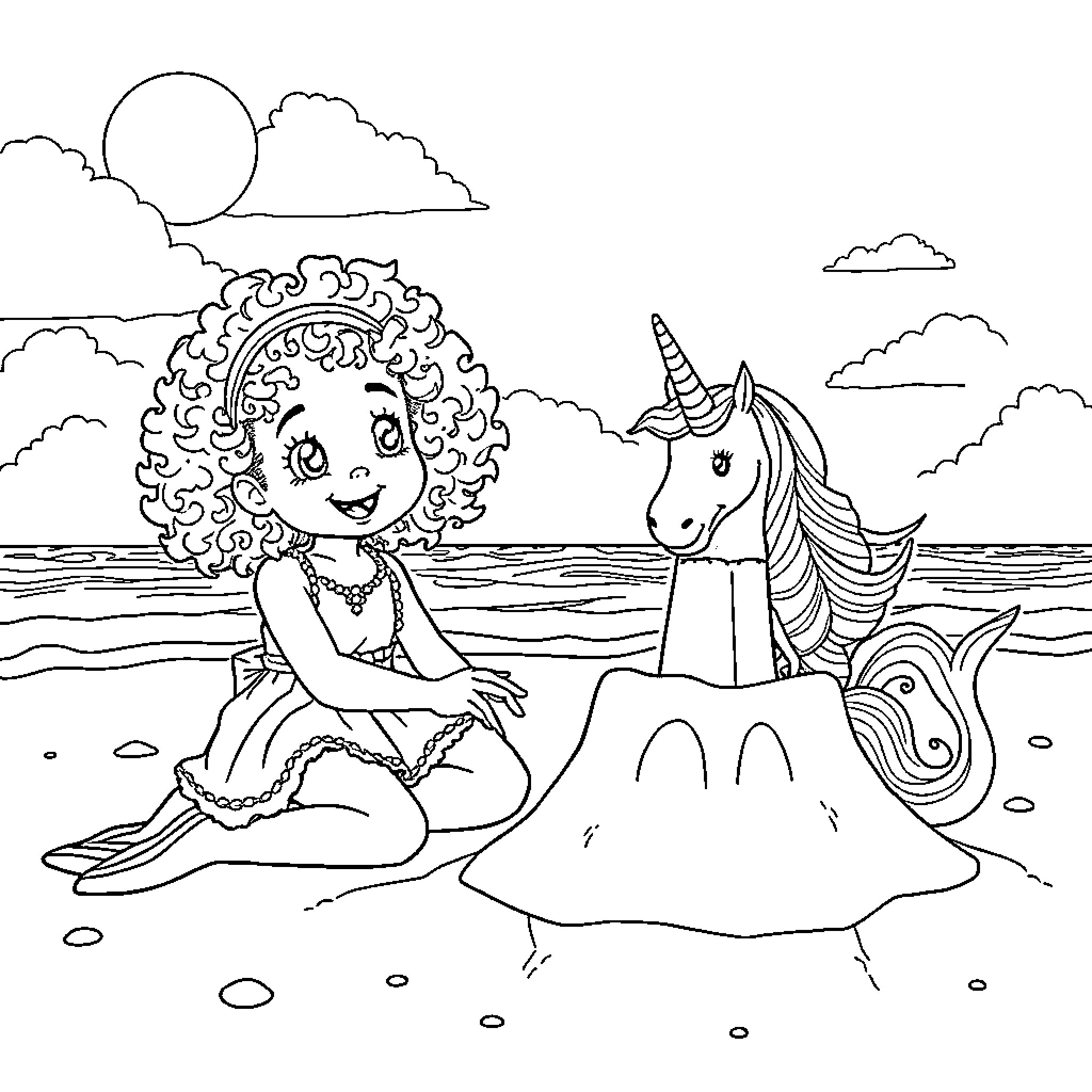 Girl plays with unicorn on beach Coloring Page (free black-and-white line drawing printable PDF for all, from beginners to advanced learners, including children, teens, adults, and seniors)