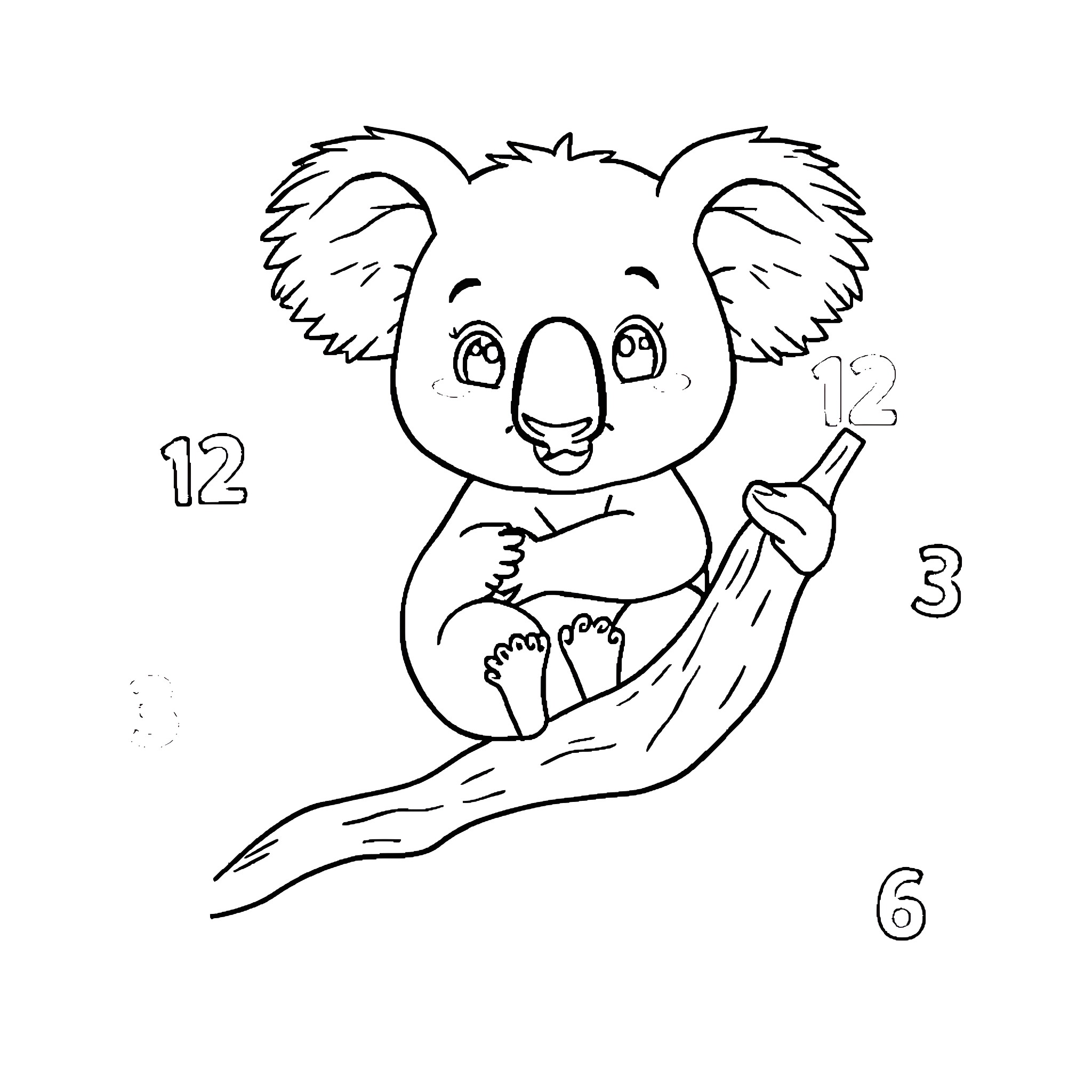 Koala doing a math problem on a tree branch Coloring Page (free black-and-white line drawing printable PDF for all, from beginners to advanced learners, including children, teens, adults, and seniors)