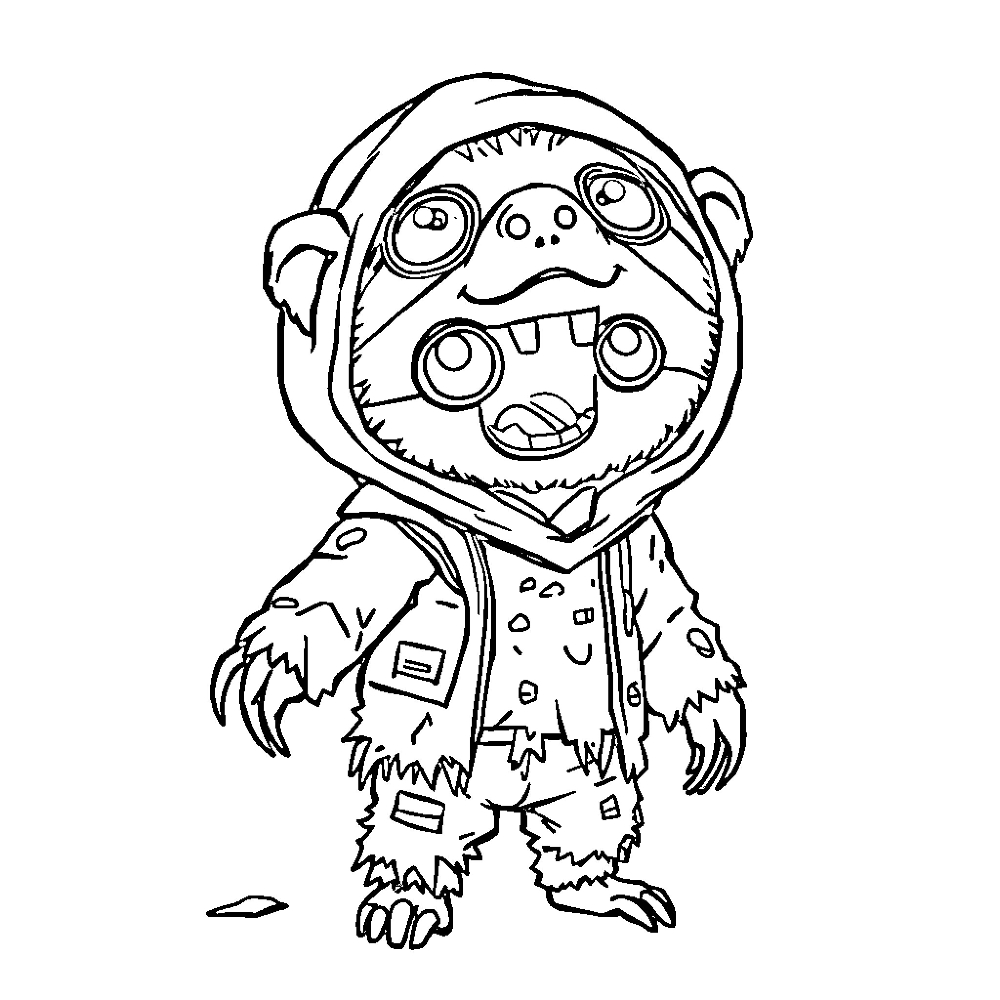 Chibi Sloth in Silly Monster Costume Coloring Page (free black-and-white line drawing printable PDF for all, from beginners to advanced learners, including children, teens, adults, and seniors)