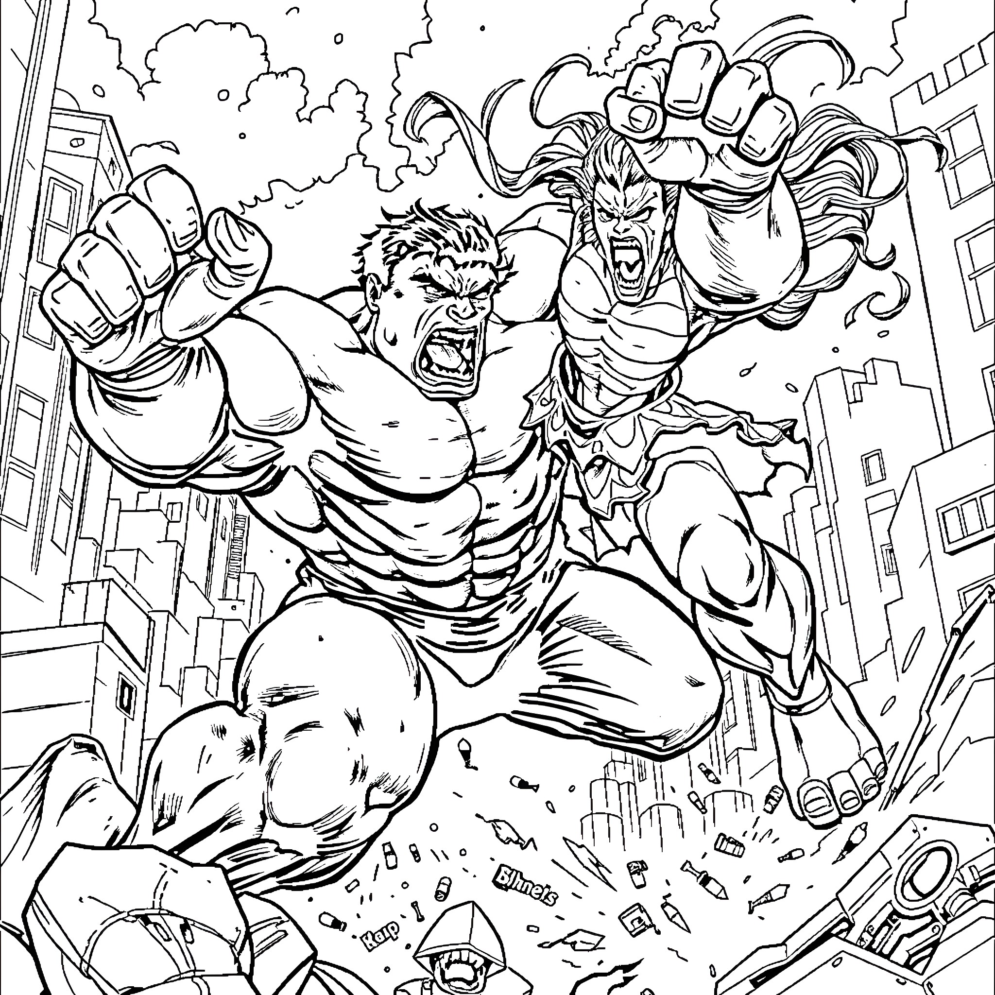 Hulk Rampaging Through the City Coloring Page (free black-and-white line drawing printable PDF for all, from beginners to advanced learners, including children, teens, adults, and seniors)
