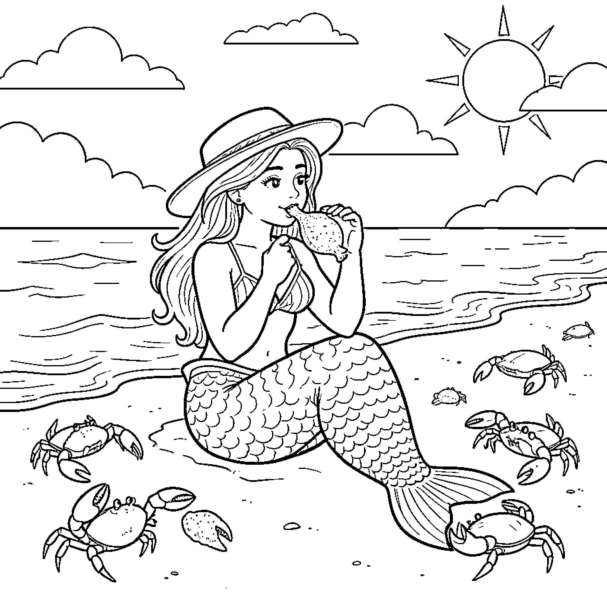 Sirena enjoying a peaceful beach day Coloring Page (free black-and-white line drawing printable PDF for all, from beginners to advanced learners, including children, teens, adults, and seniors)