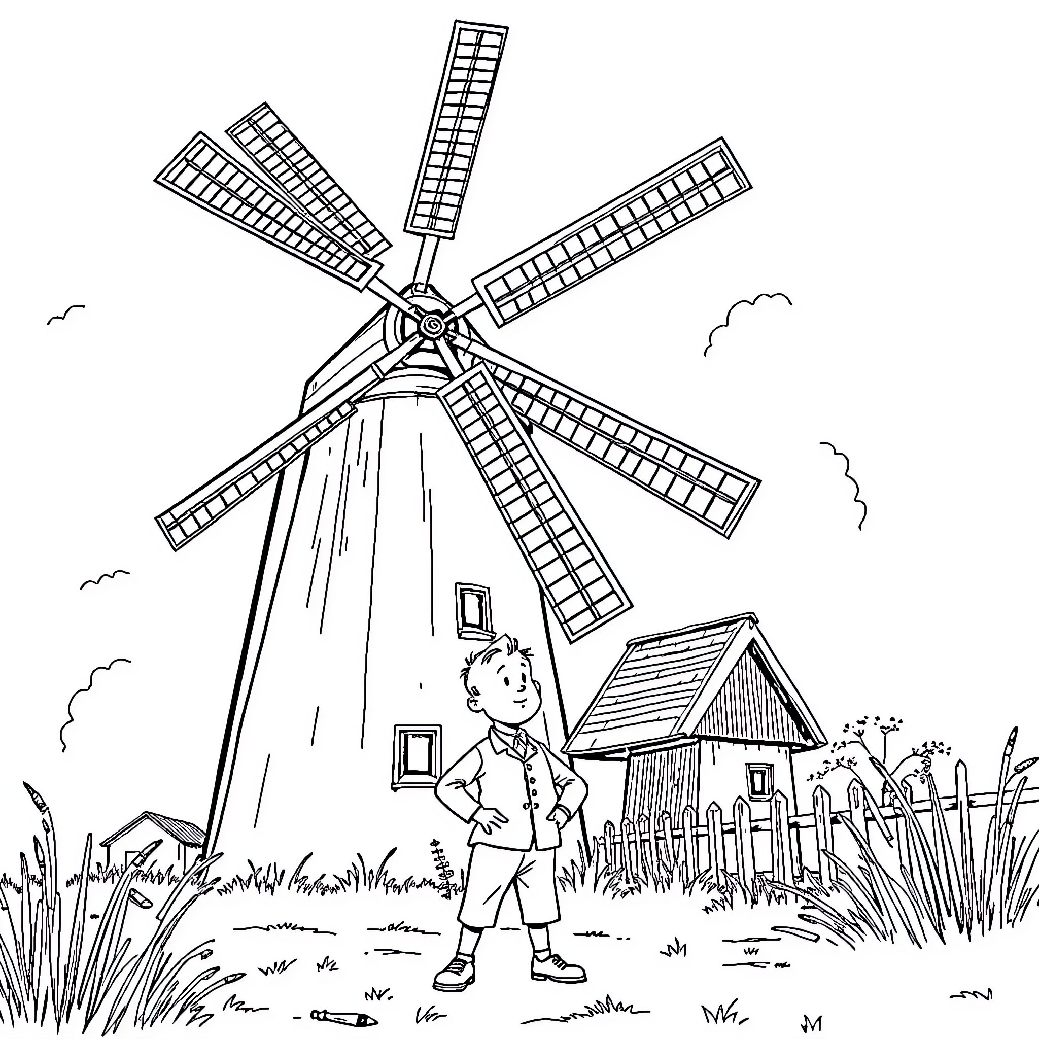 Tintin exploring the charming windmill in the countryside Coloring Page (free black-and-white line drawing printable PDF for all, from beginners to advanced learners, including children, teens, adults, and seniors)