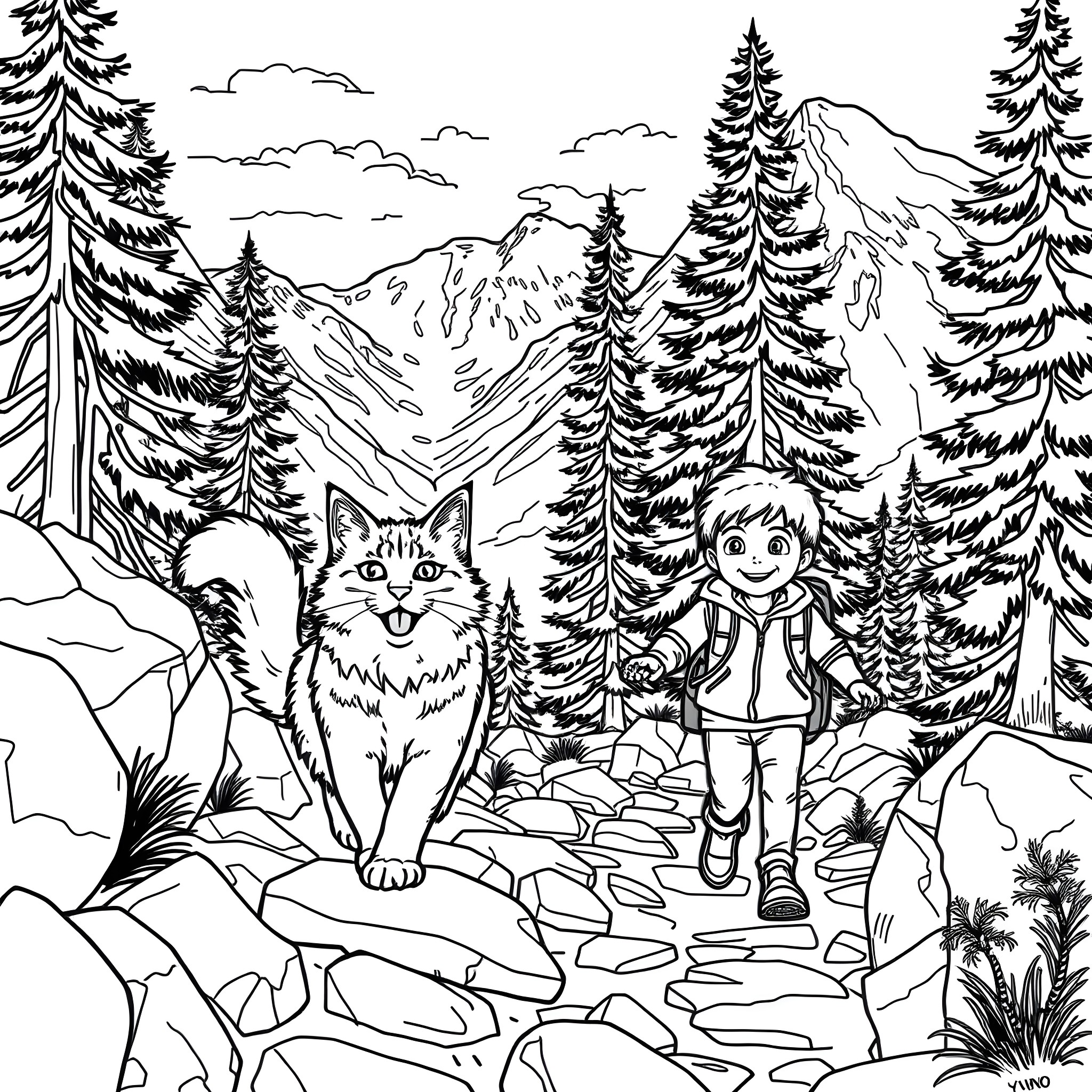 Cat and young hiker exploring the mountain forest Coloring Page (free black-and-white line drawing printable PDF for all, from beginners to advanced learners, including children, teens, adults, and seniors)